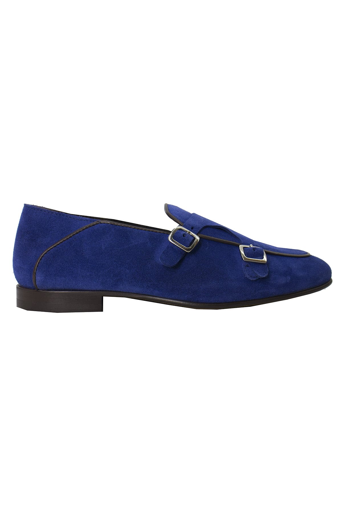 Mocassini uomo royal blu in camoscio con doppia fibbia e suola in cuoio made in italy