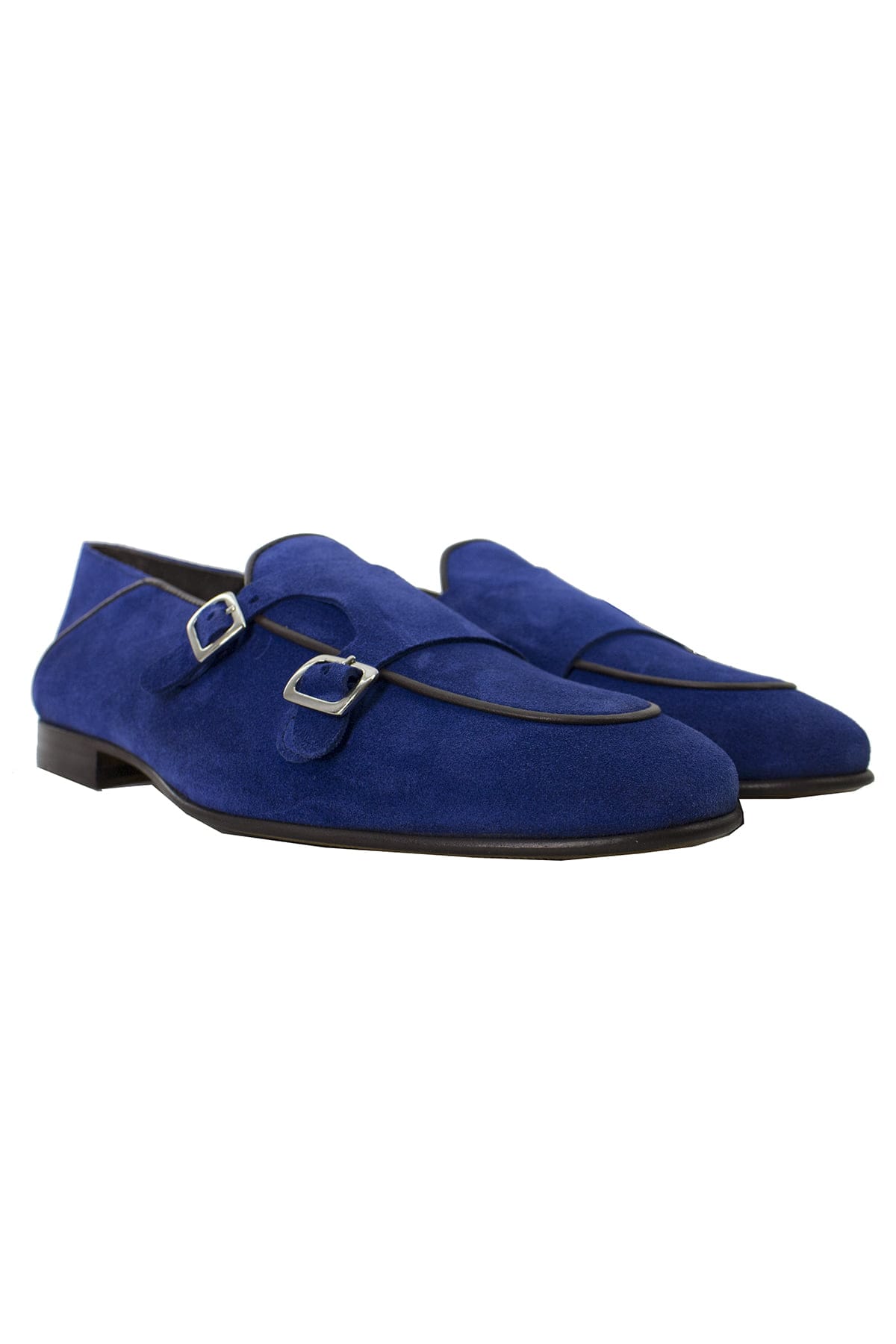 Mocassini uomo royal blu in camoscio con doppia fibbia e suola in cuoio made in italy