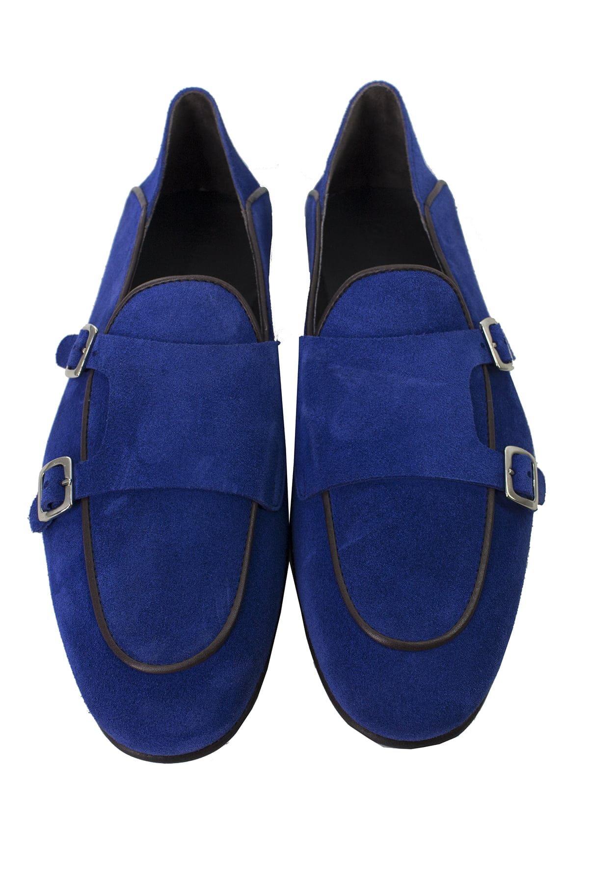 Mocassini uomo royal blu in camoscio con doppia fibbia e suola in cuoio made in italy