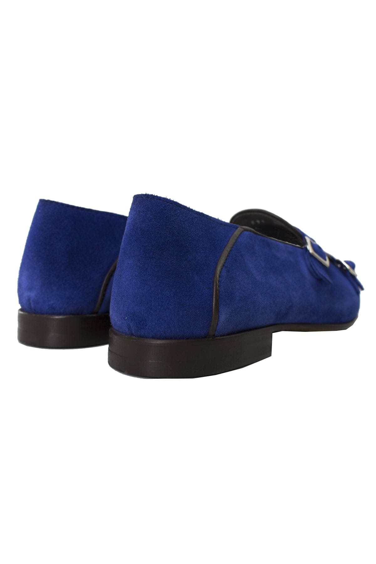 Mocassini uomo royal blu in camoscio con doppia fibbia e suola in cuoio made in italy