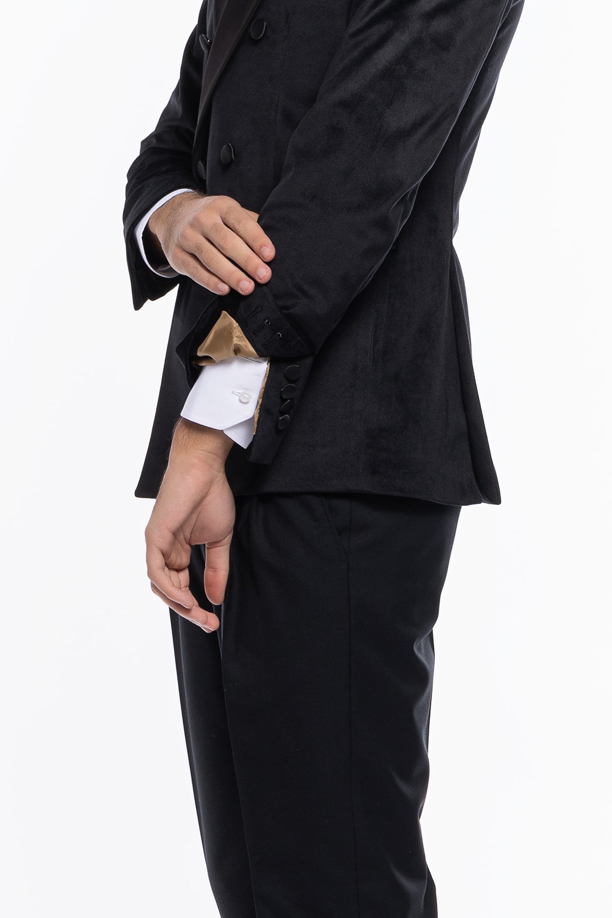 Giacca uomo Doppiopetto nera in velluto liscio con rever in raso nero sartoriale slim fit