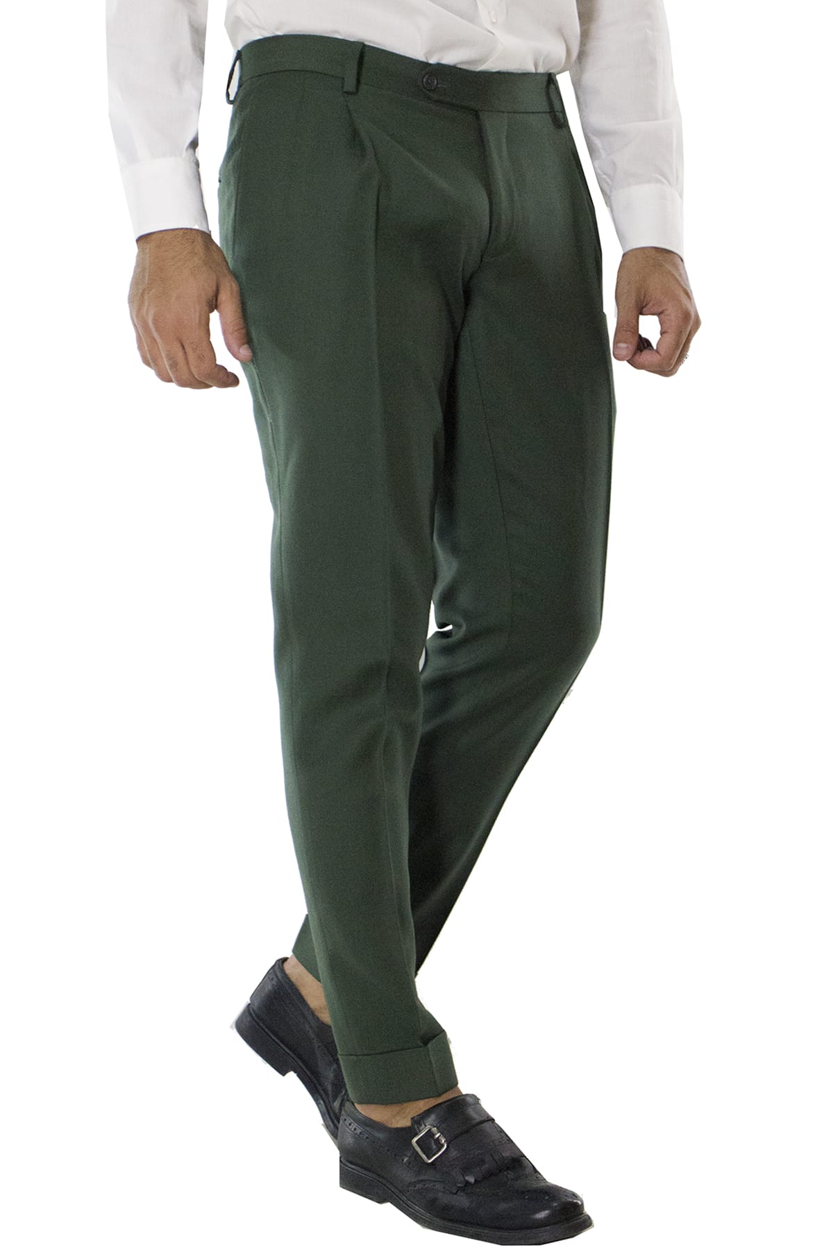 Pantalone uomo militare in lana con doppia pinces e risvolto 4cm