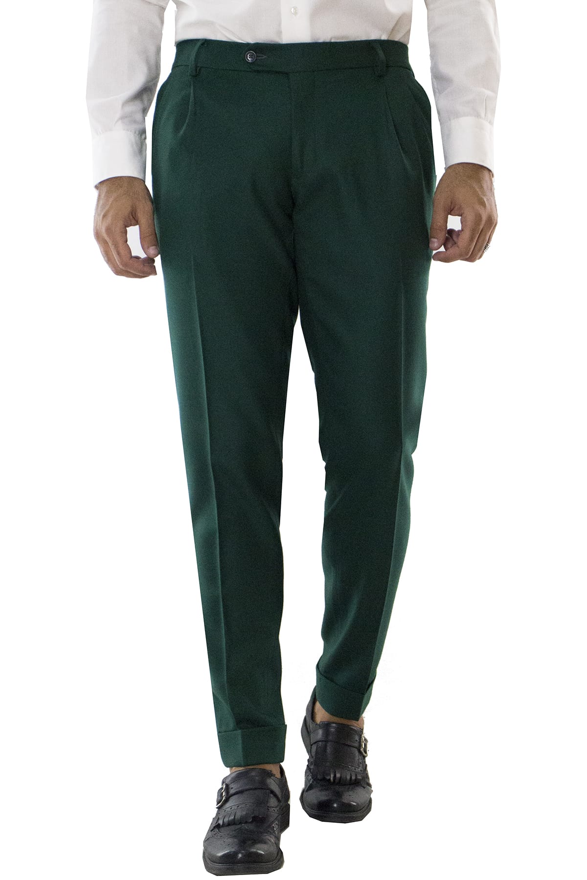 Pantalone uomo verde bottiglia in lana con doppia pinces e risvolto 4cm