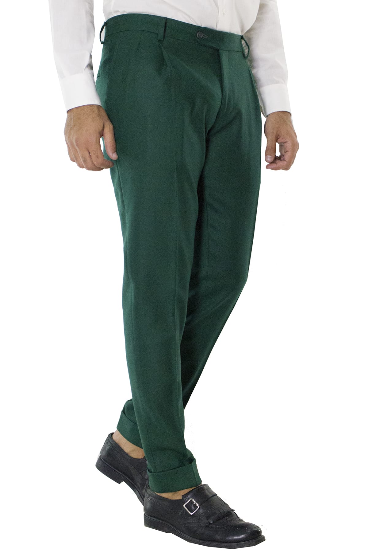 Pantalone uomo verde bottiglia in lana con doppia pinces e risvolto 4cm