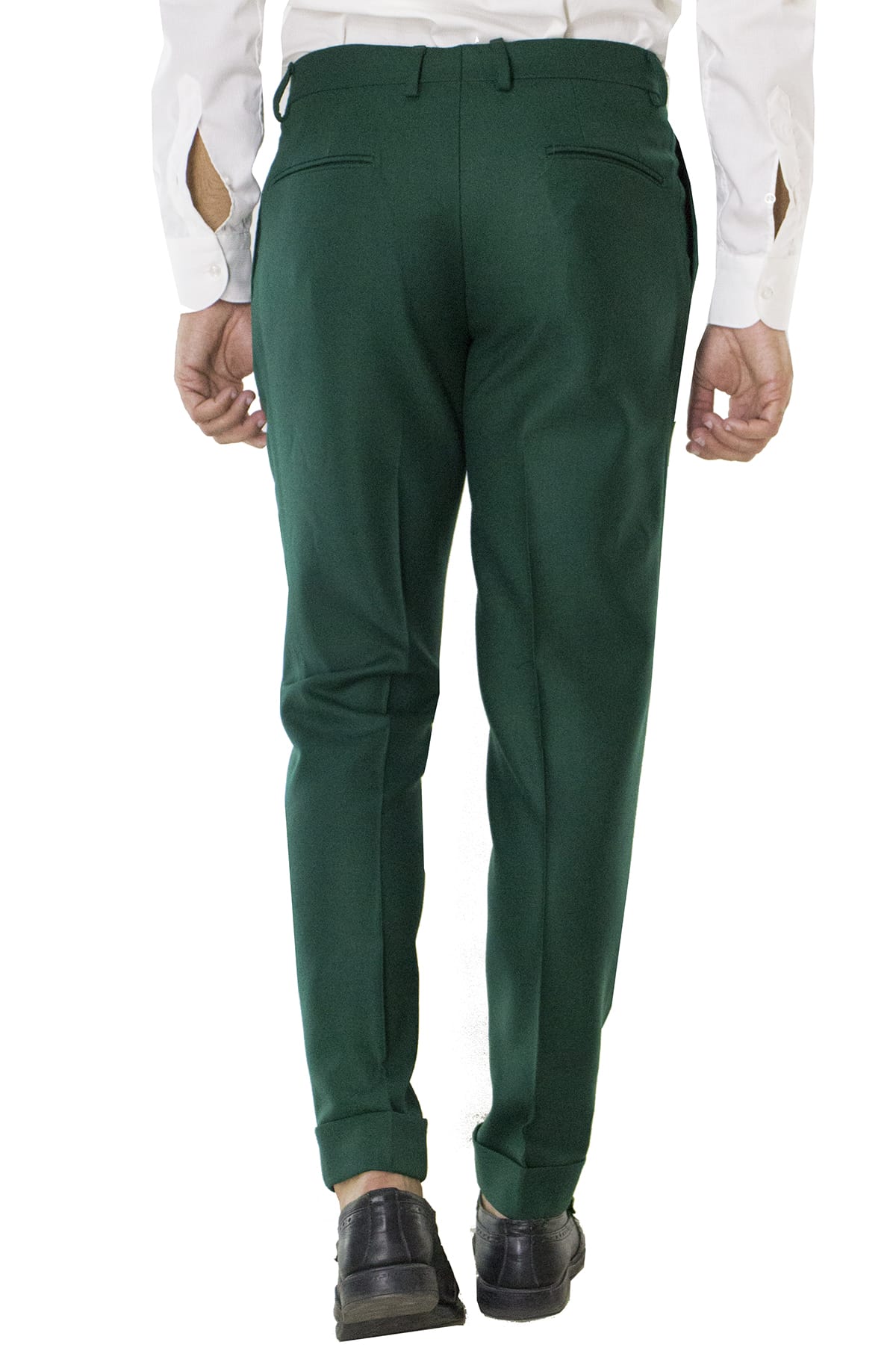 Pantalone uomo verde bottiglia in lana con doppia pinces e risvolto 4cm
