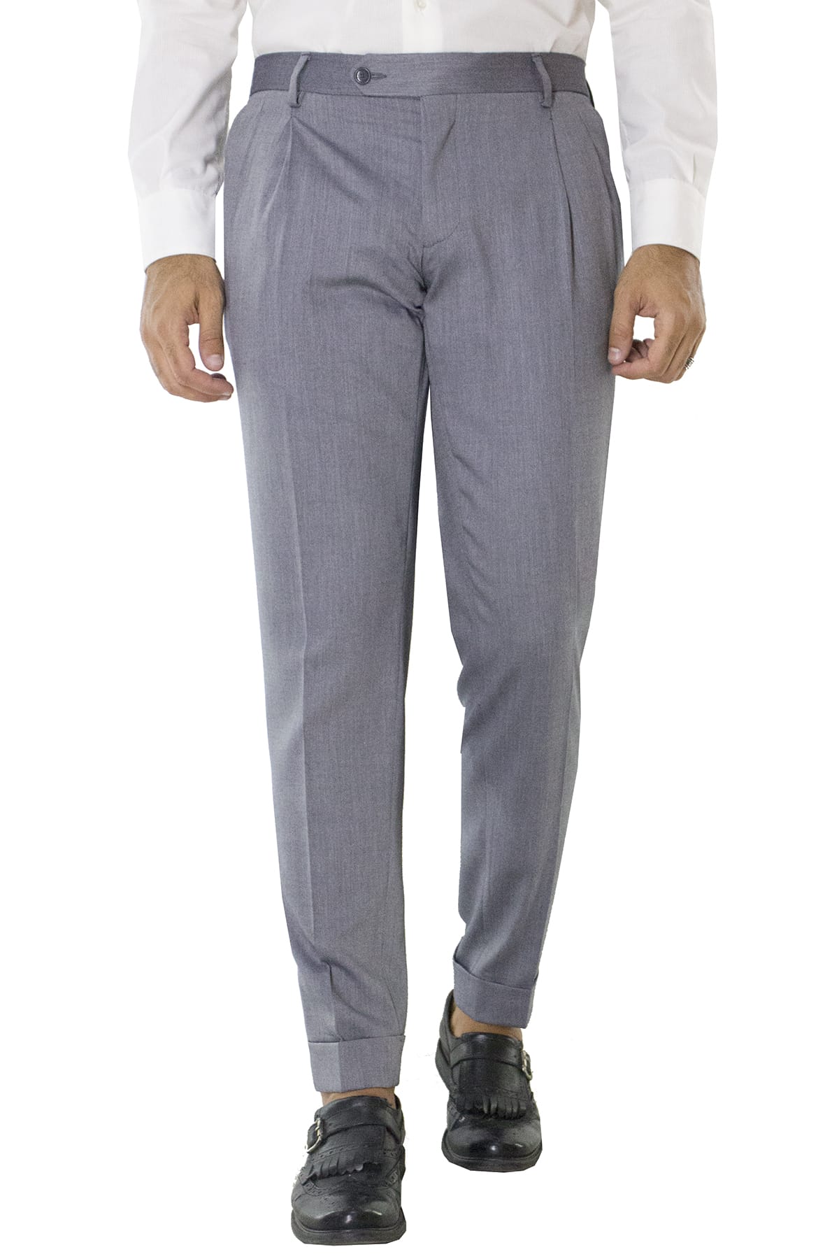 Pantalone uomo grigio chiaro in lana con doppia pinces e risvolto 4cm