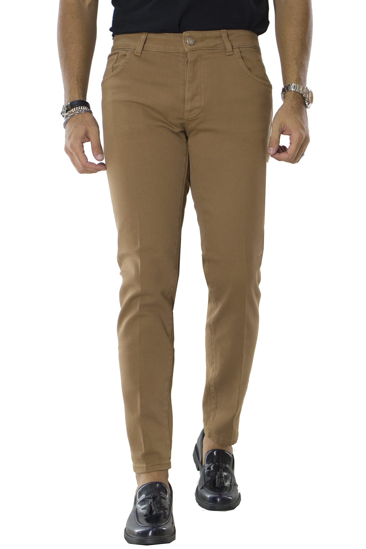 Jeans uomo cammello tinta unita modello 5 tasche slim fit made in italy