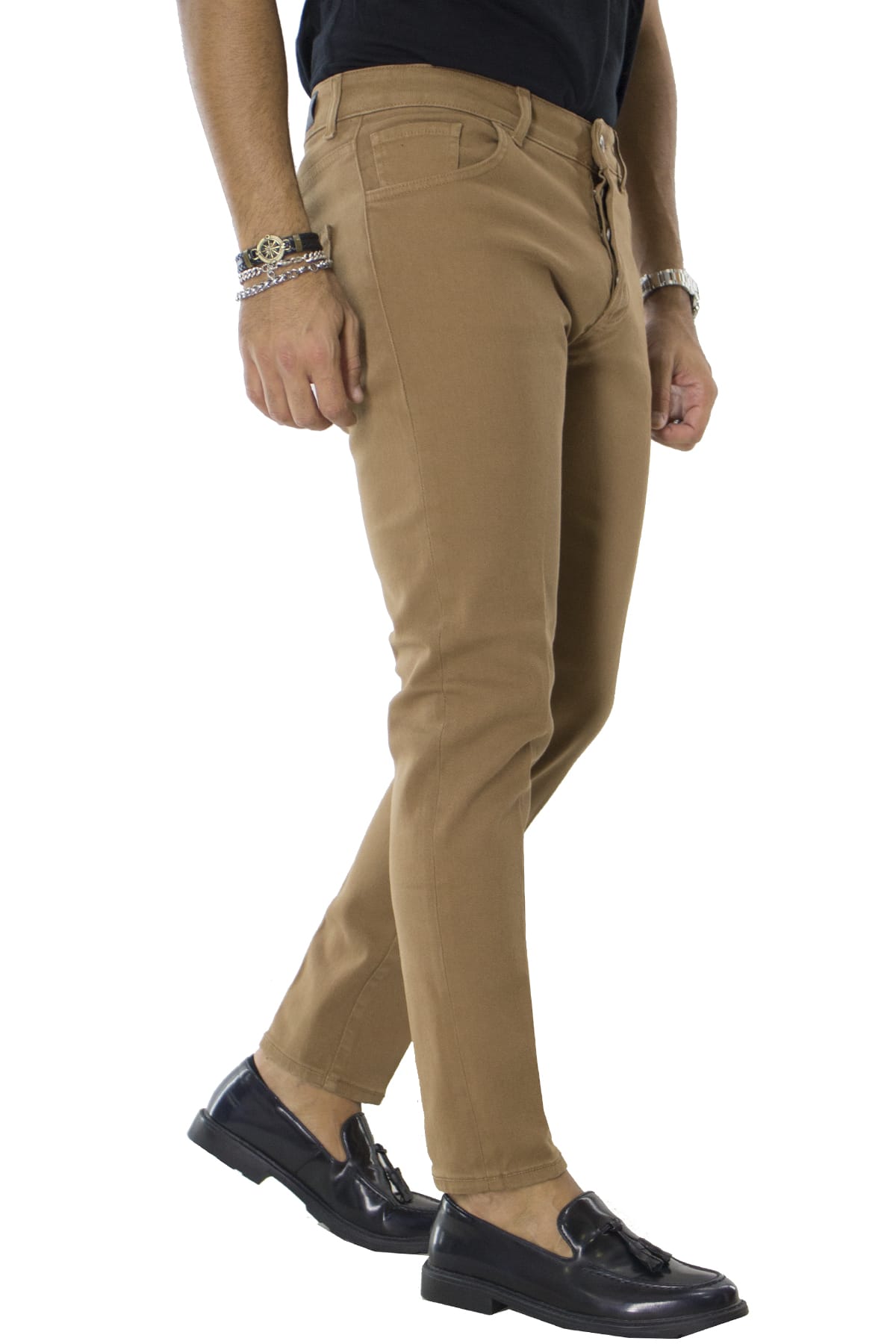 Jeans uomo cammello tinta unita modello 5 tasche slim fit made in italy