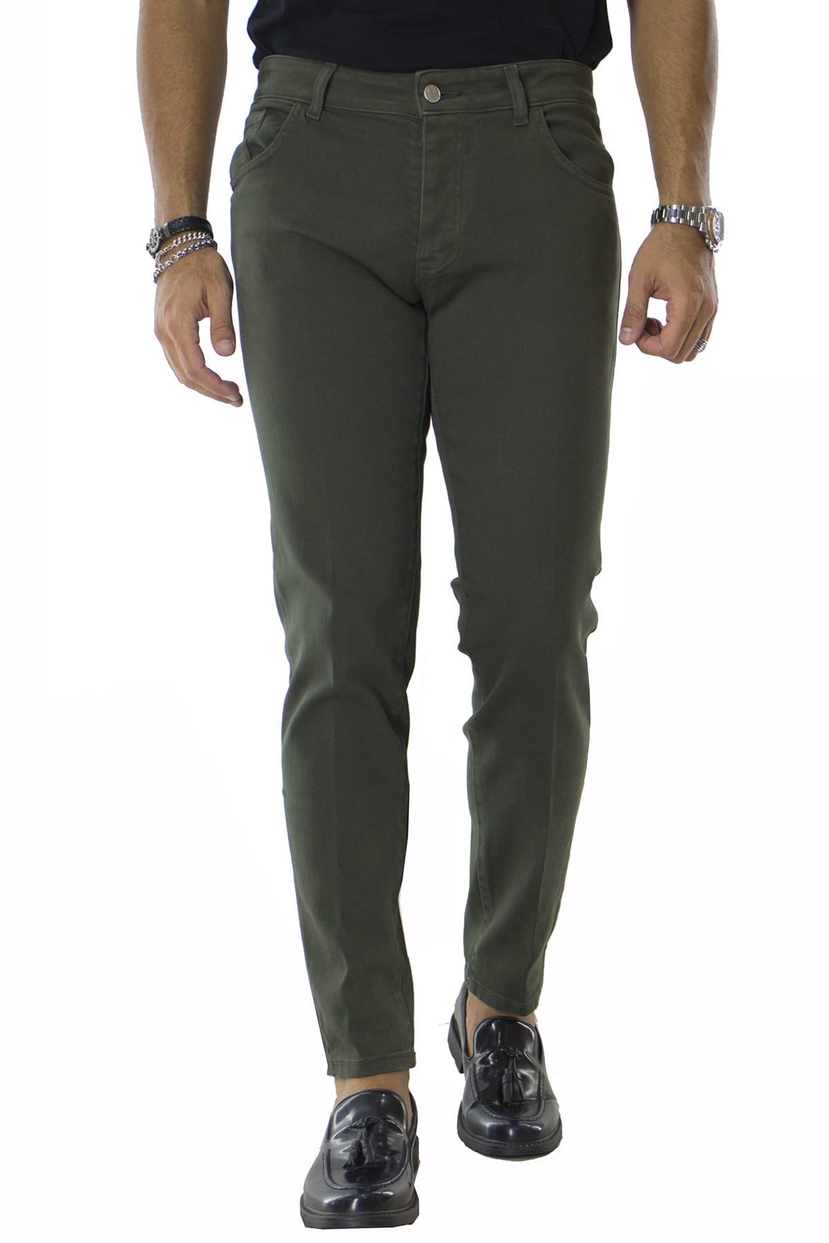 Jeans uomo verde tinta unita modello 5 tasche slim fit made in italy