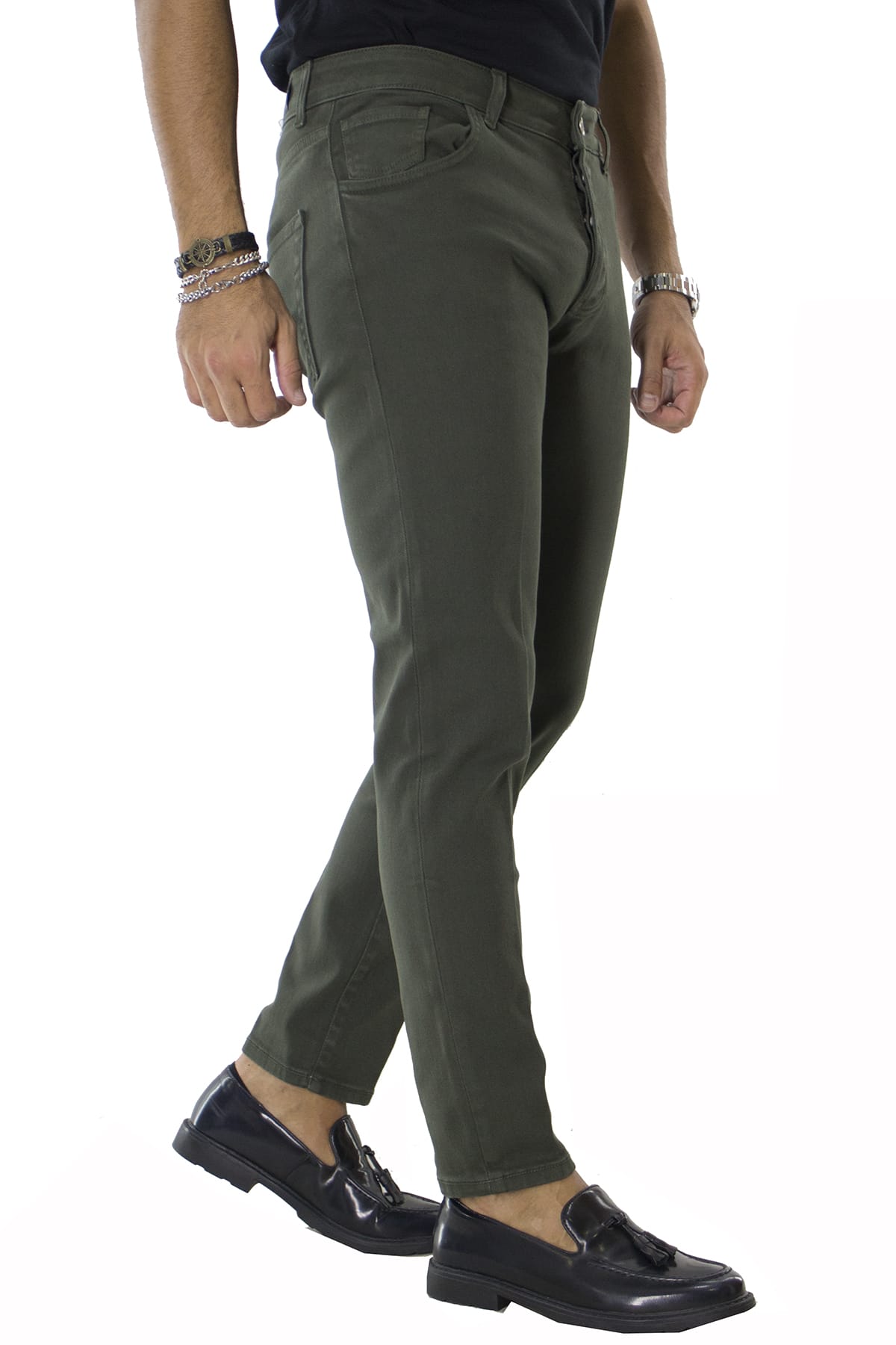 Jeans uomo verde tinta unita modello 5 tasche slim fit made in italy
