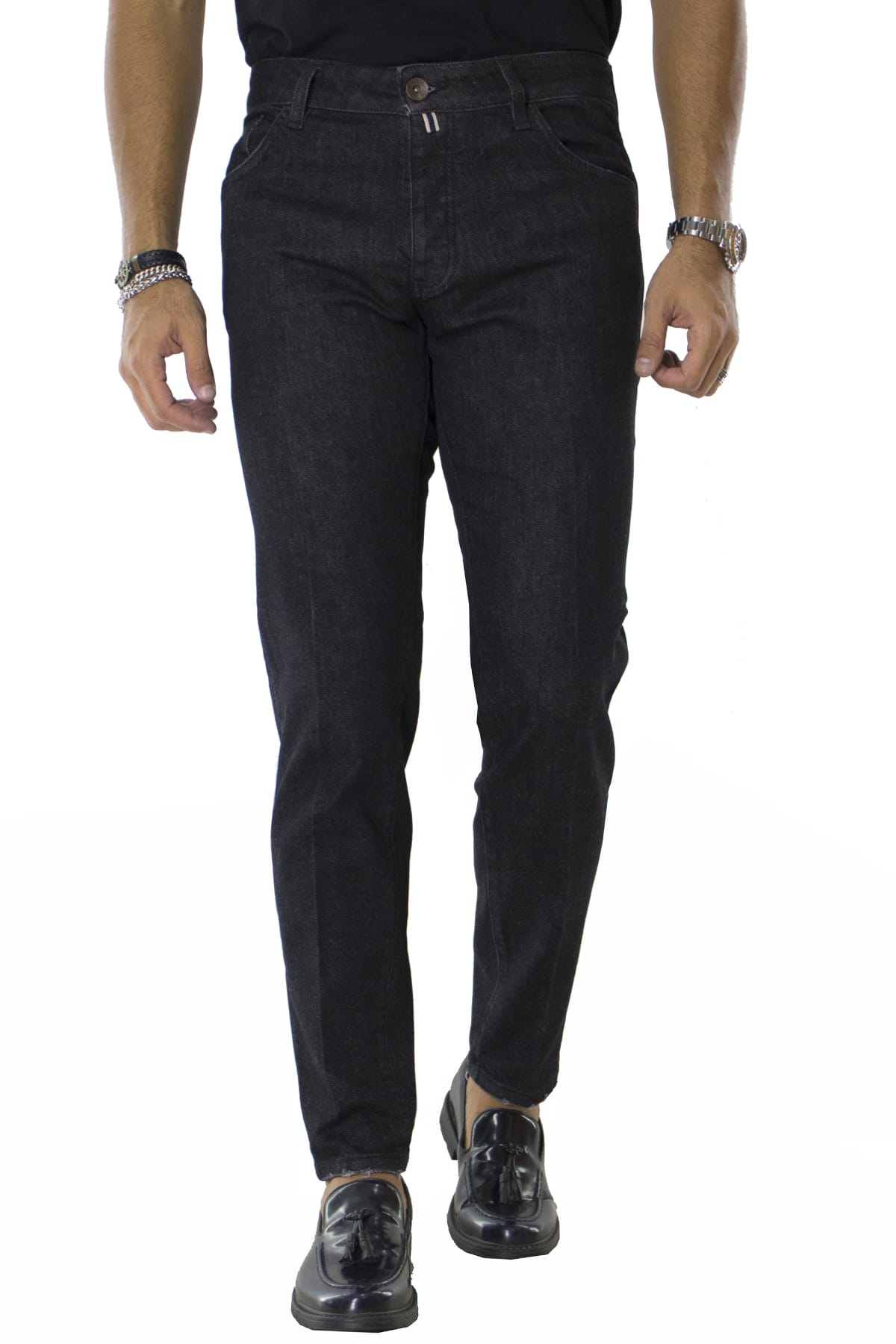 Jeans uomo grigio scuro lavaggio zero tinta unita modello 5 tasche slim fit made in italy