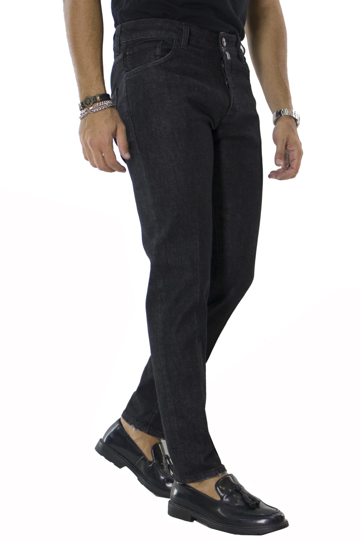 Jeans uomo grigio scuro lavaggio zero tinta unita modello 5 tasche slim fit made in italy