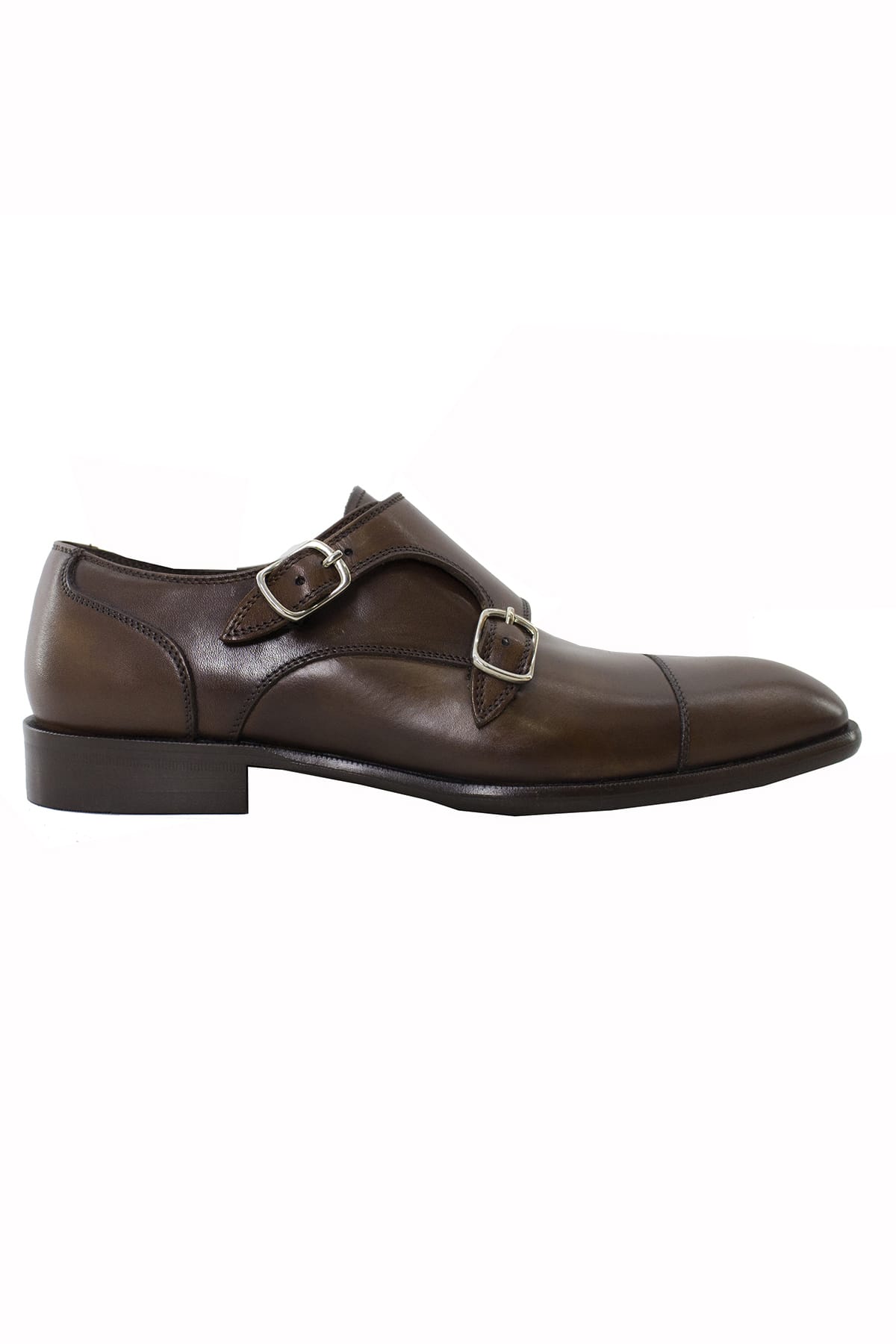 Scarpe doppia fibbia uomo marroni in vera pelle con suola in cuoio made in italy