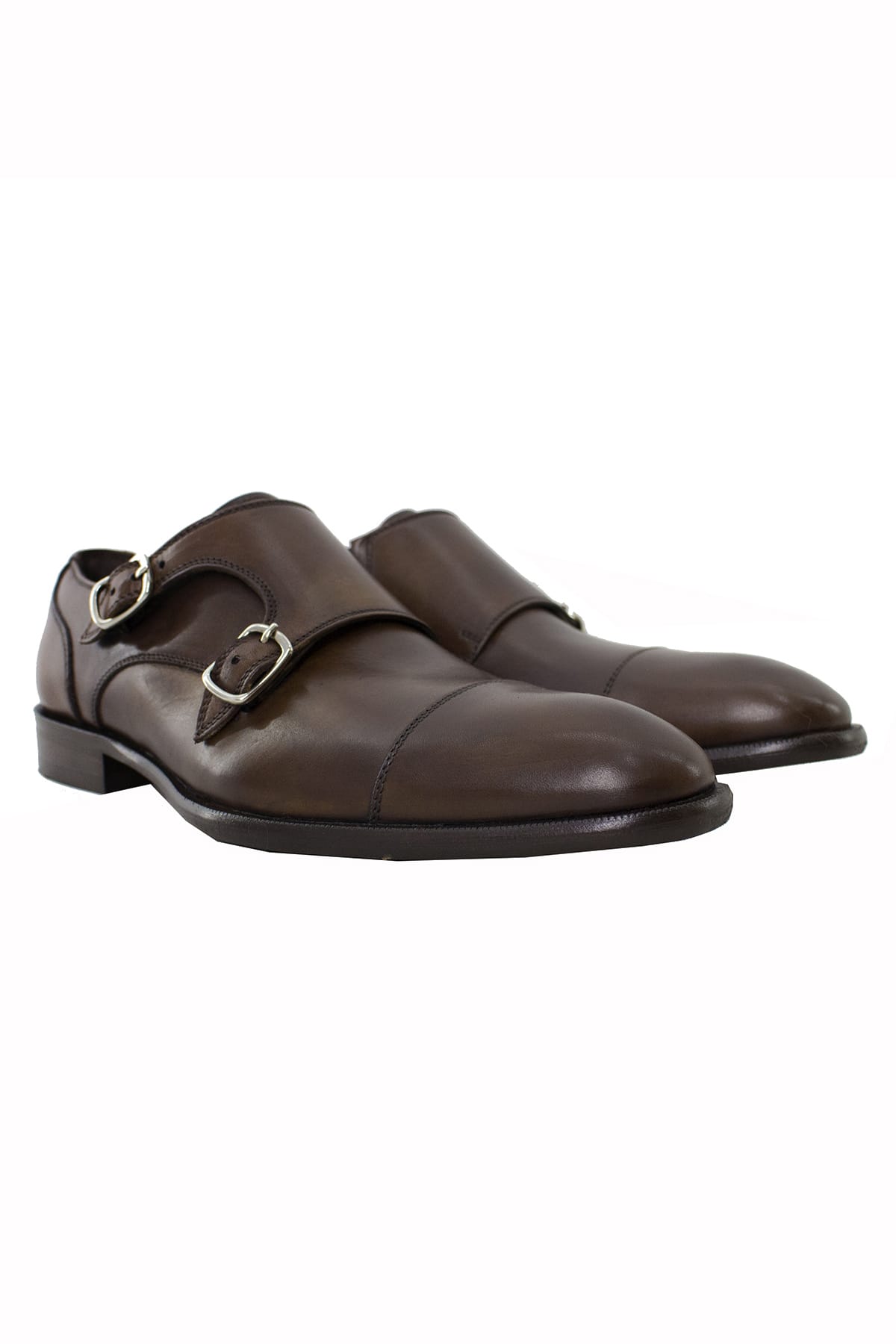 Scarpe doppia fibbia uomo marroni in vera pelle con suola in cuoio made in italy