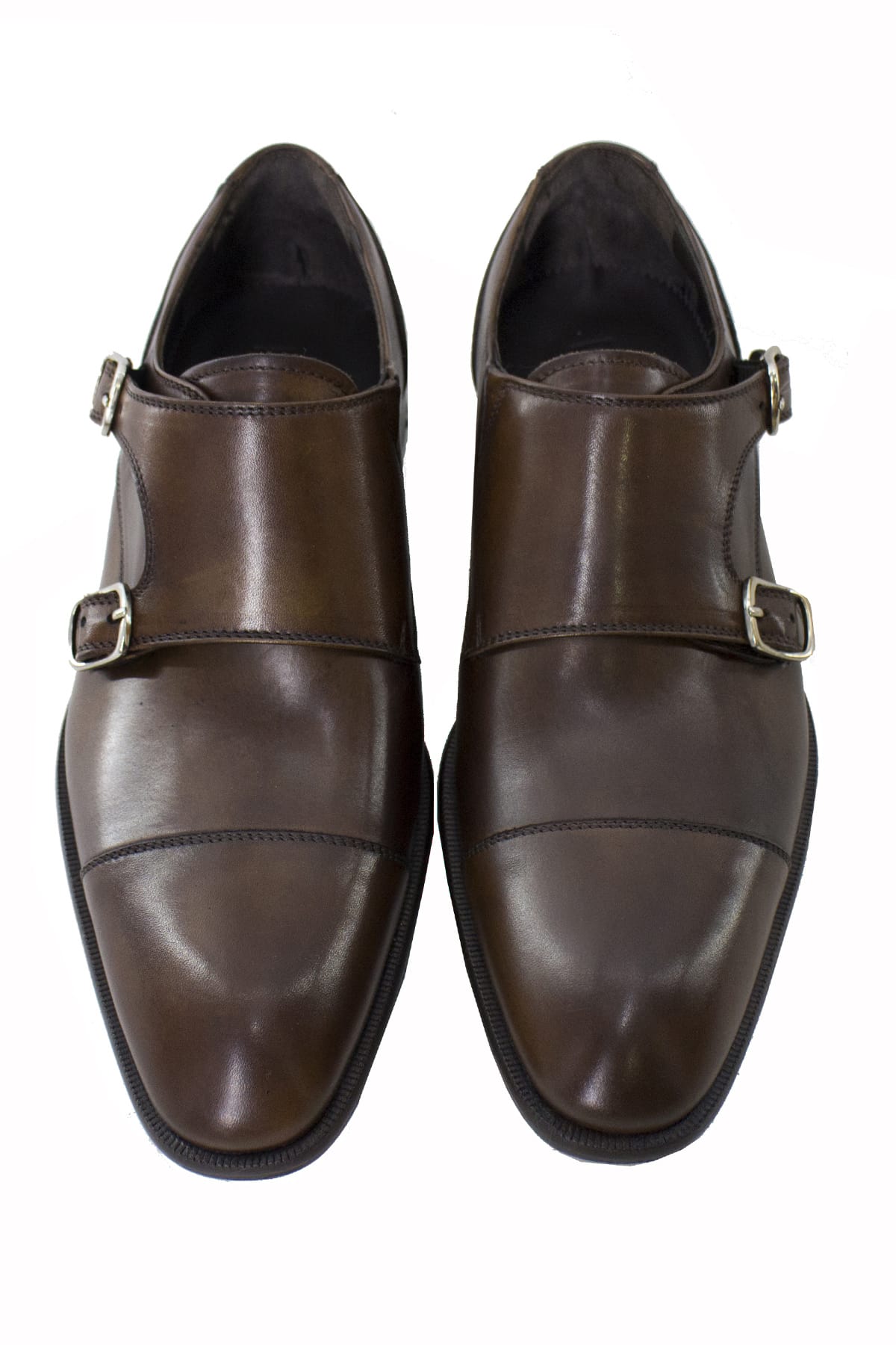 Scarpe doppia fibbia uomo marroni in vera pelle con suola in cuoio made in italy