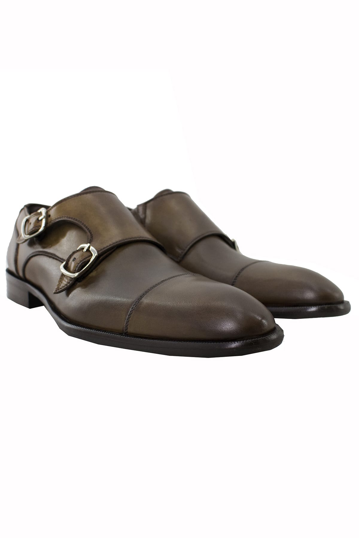 Scarpe doppia fibbia uomo cuoio in vera pelle con suola in cuoio made in italy
