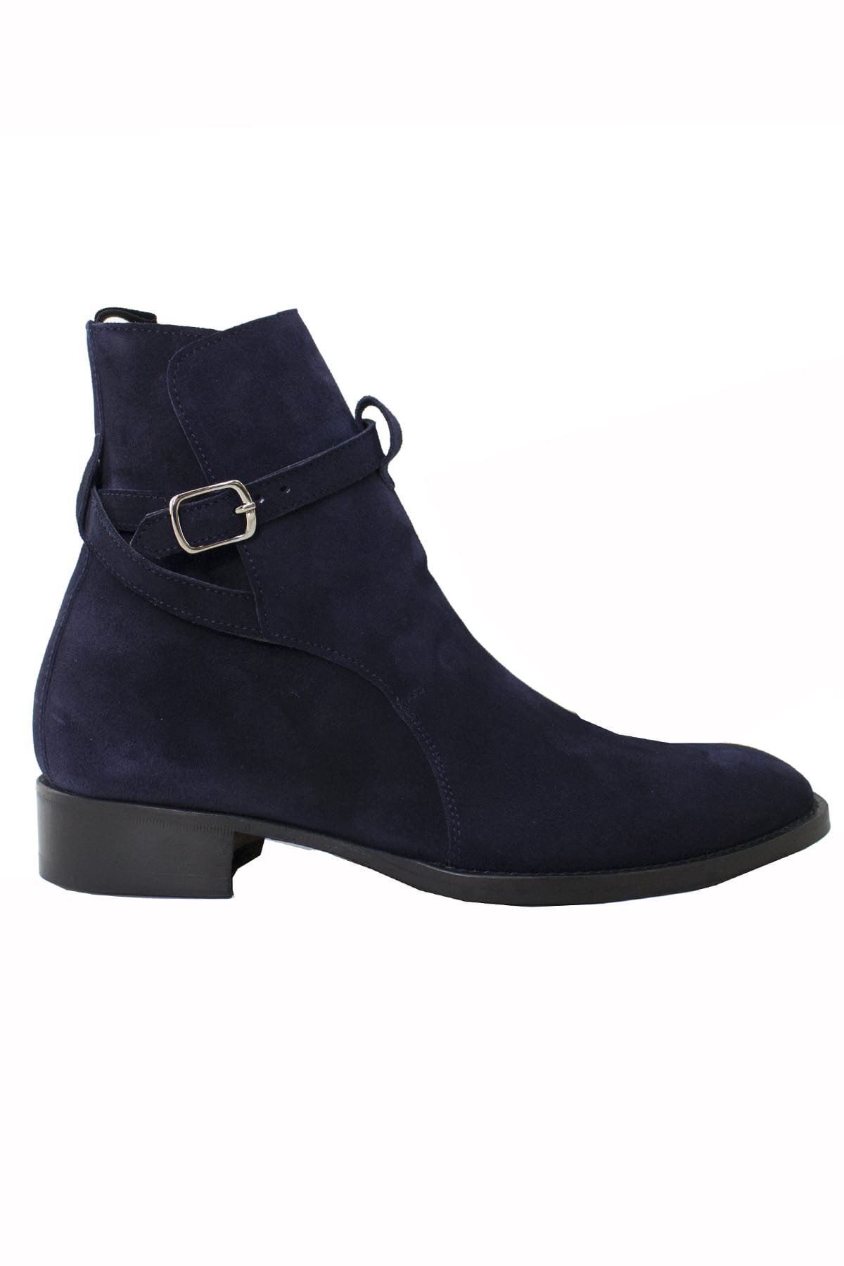 Stivaletti uomo blu in camoscio con fibbia e cerniera laterale suola in cuoio made in italy