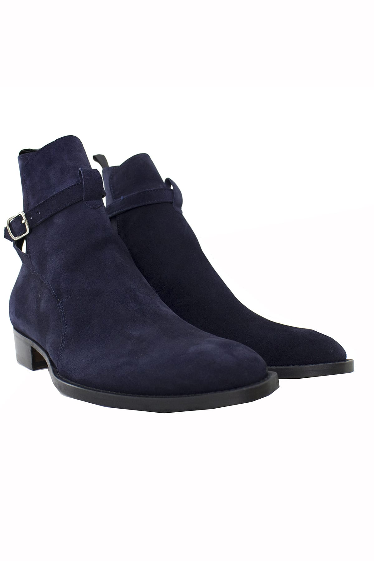 Stivaletti uomo blu in camoscio con fibbia e cerniera laterale suola in cuoio made in italy