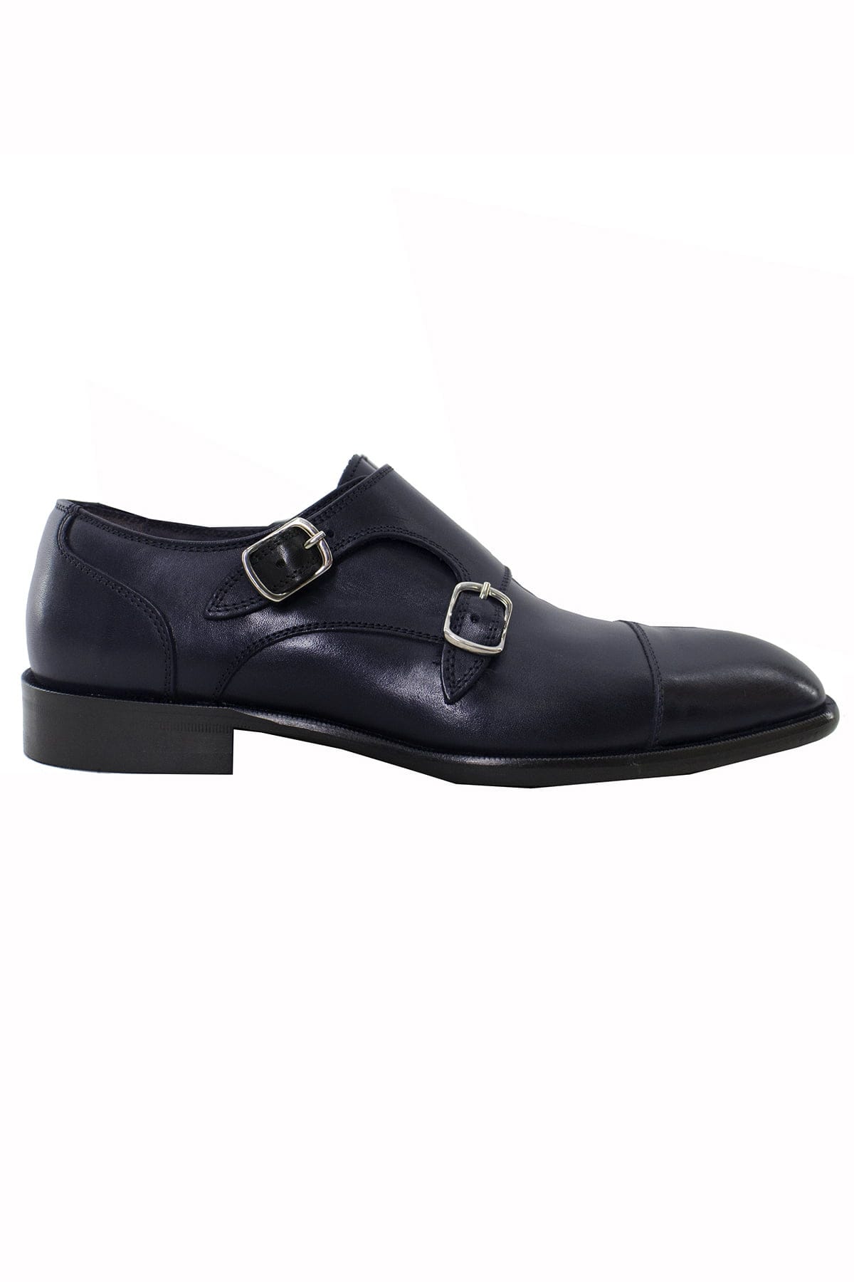 Scarpe doppia fibbia uomo navy blu in vera pelle con suola in cuoio made in italy