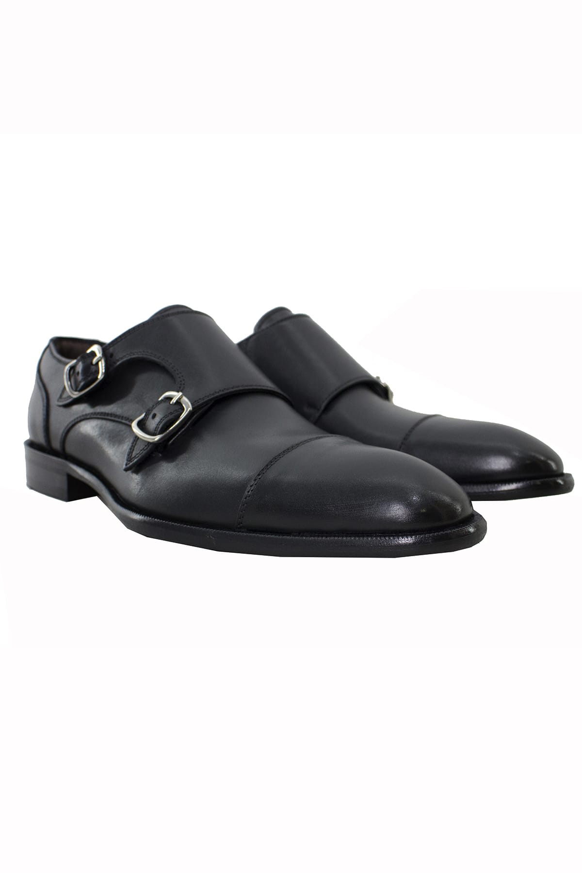 Scarpe doppia fibbia uomo nere in vera pelle con suola in cuoio made in italy