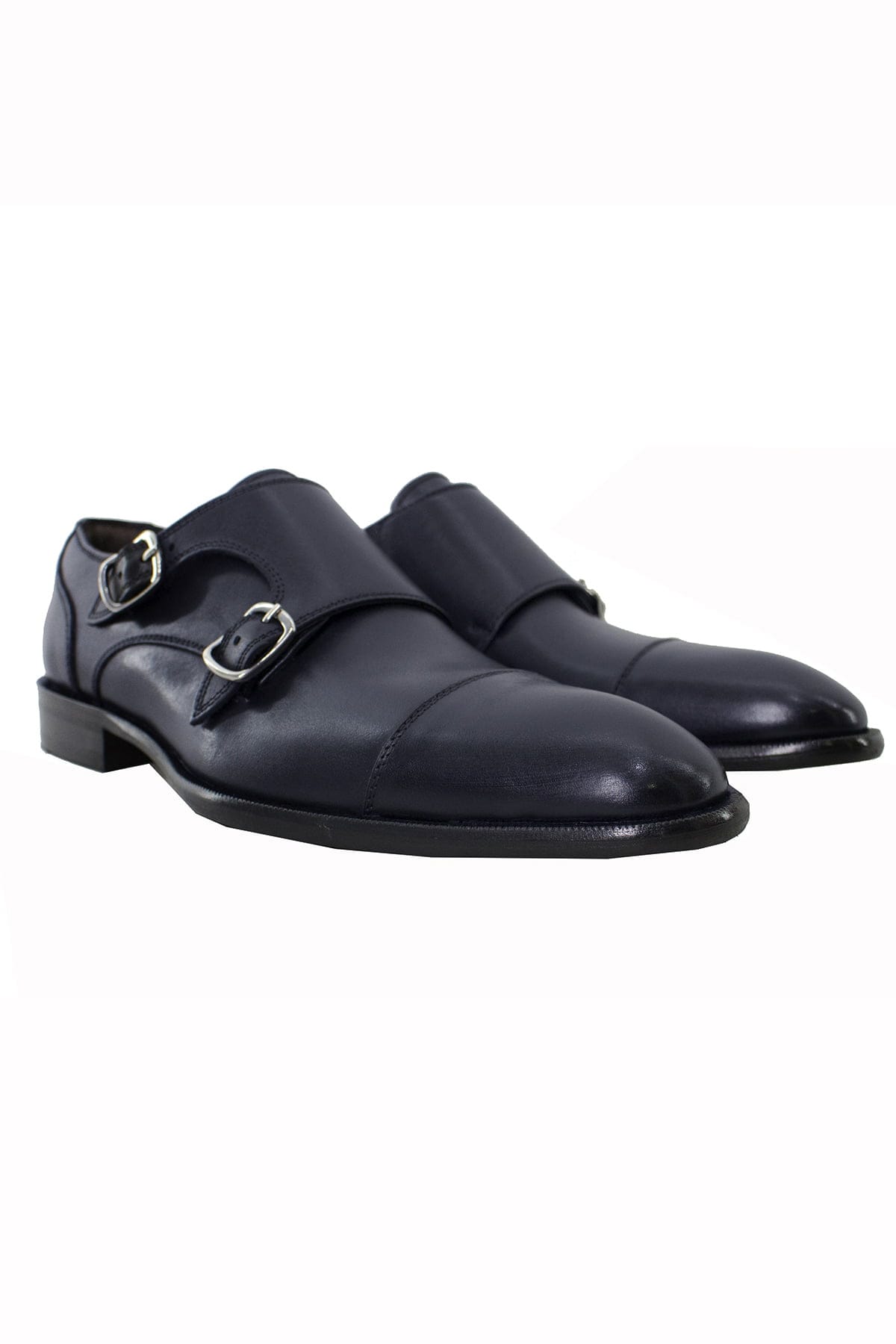 Scarpe doppia fibbia uomo navy blu in vera pelle con suola in cuoio made in italy