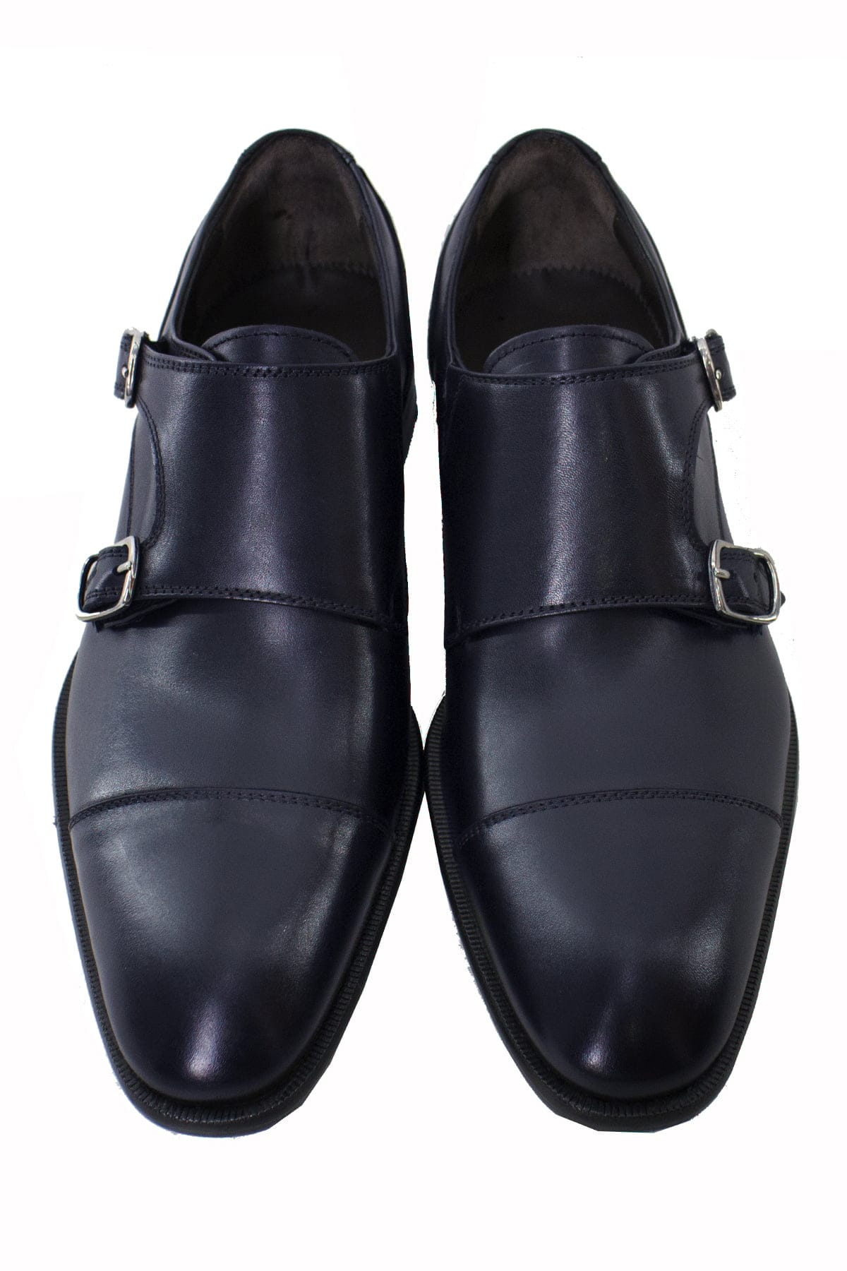 Scarpe doppia fibbia uomo navy blu in vera pelle con suola in cuoio made in italy