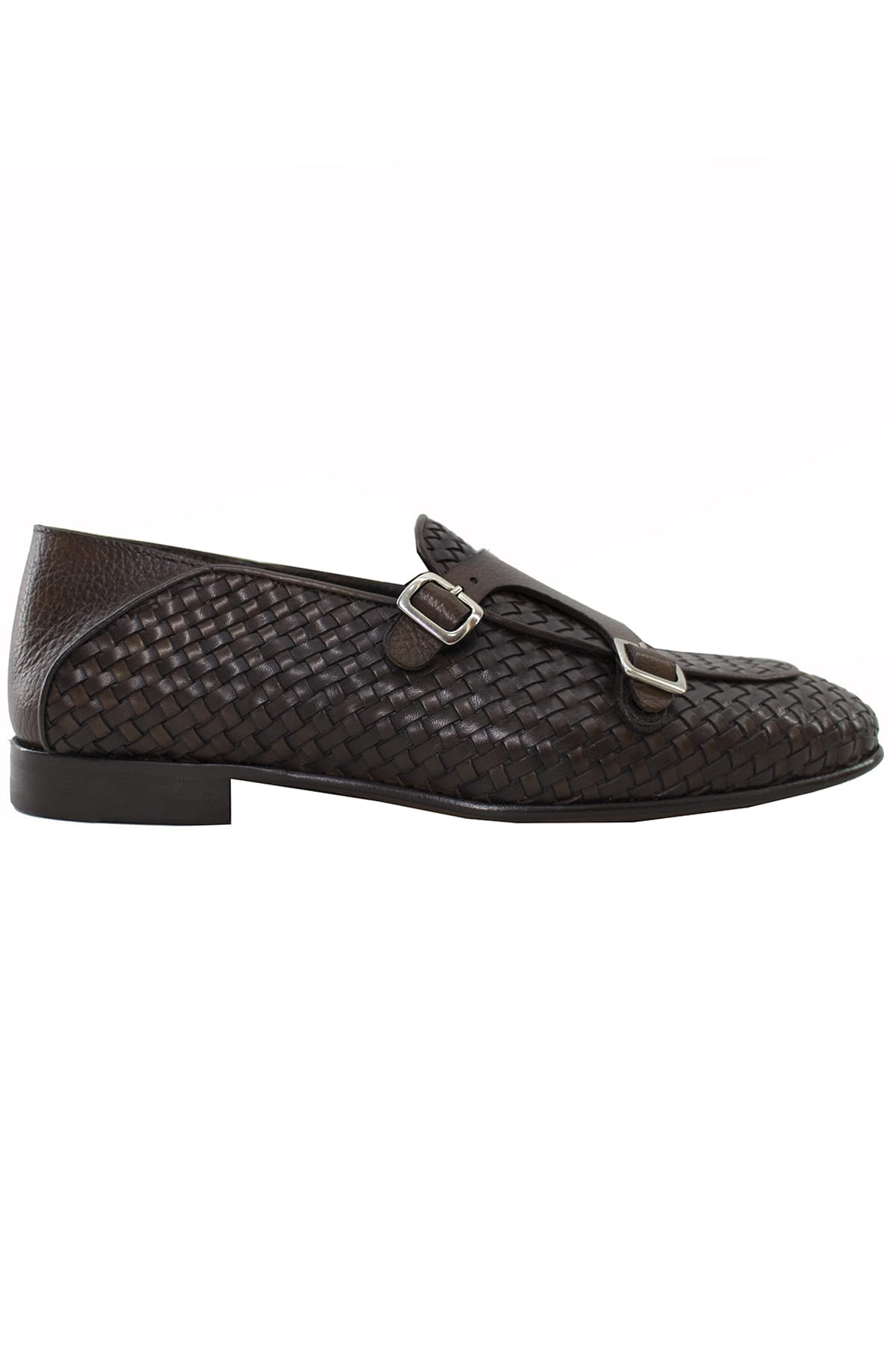 Mocassini uomo marroni in vera pelle intrecciata con doppia fibbia e suola in cuoio made in italy