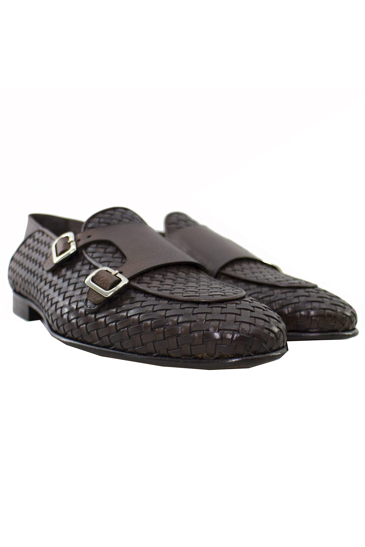Mocassini uomo marroni in vera pelle intrecciata con doppia fibbia e suola in cuoio made in italy