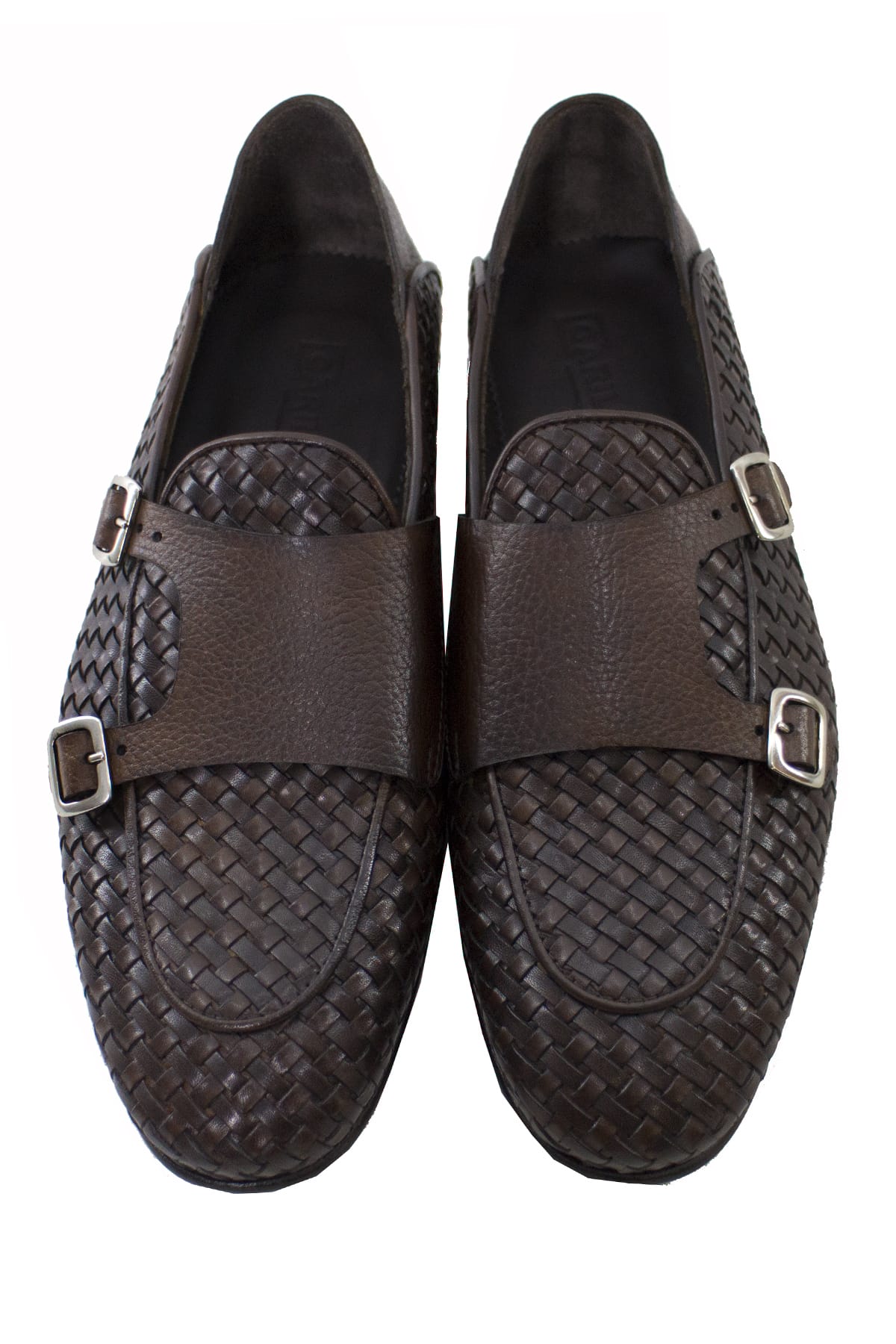 Mocassini uomo marroni in vera pelle intrecciata con doppia fibbia e suola in cuoio made in italy