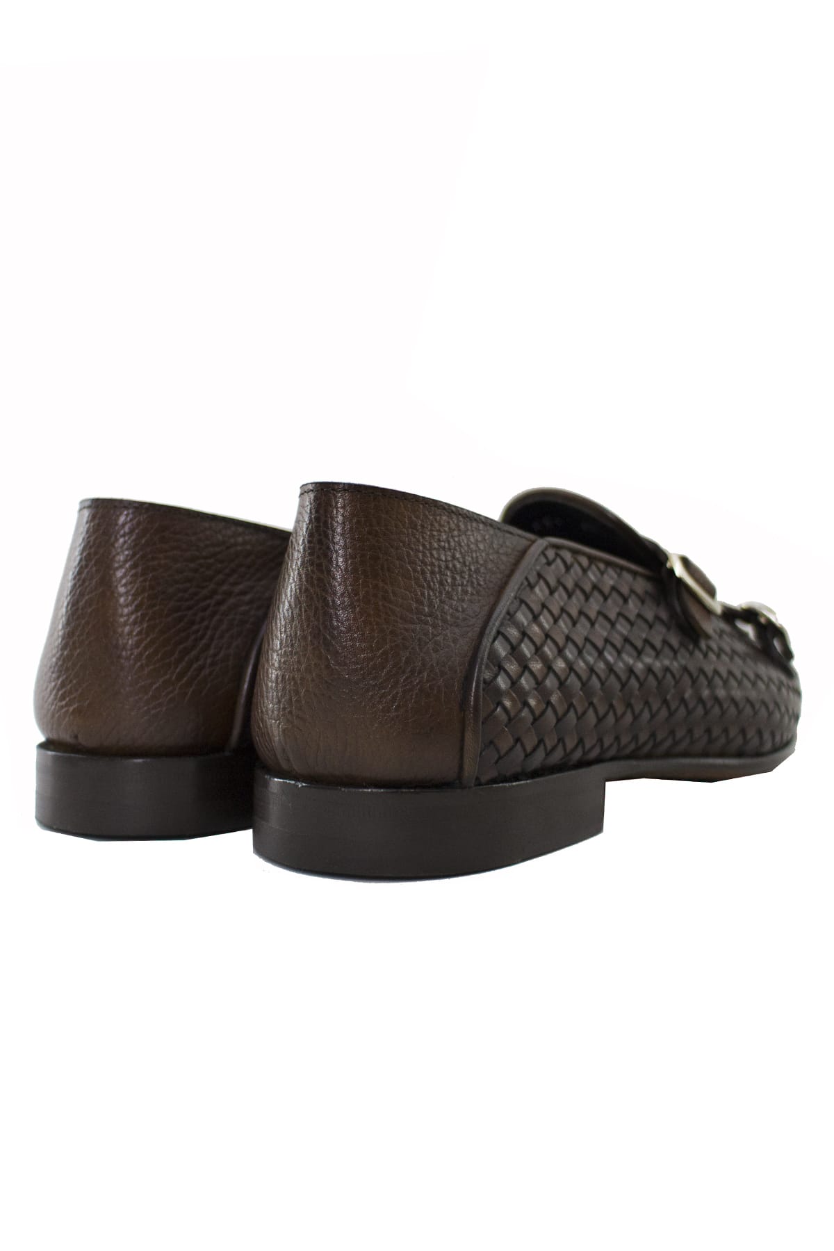 Mocassini uomo marroni in vera pelle intrecciata con doppia fibbia e suola in cuoio made in italy