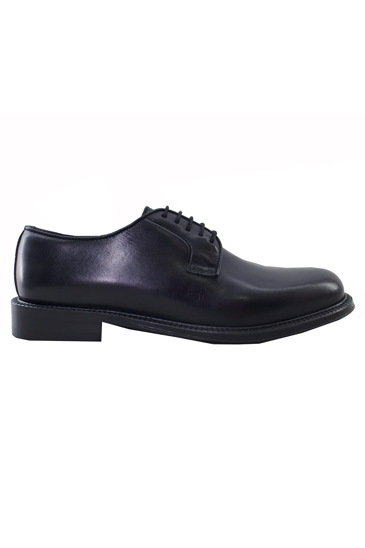 Scarpe derby da uomo blu in vera pelle semi lucida con suola in cuoio made in italy