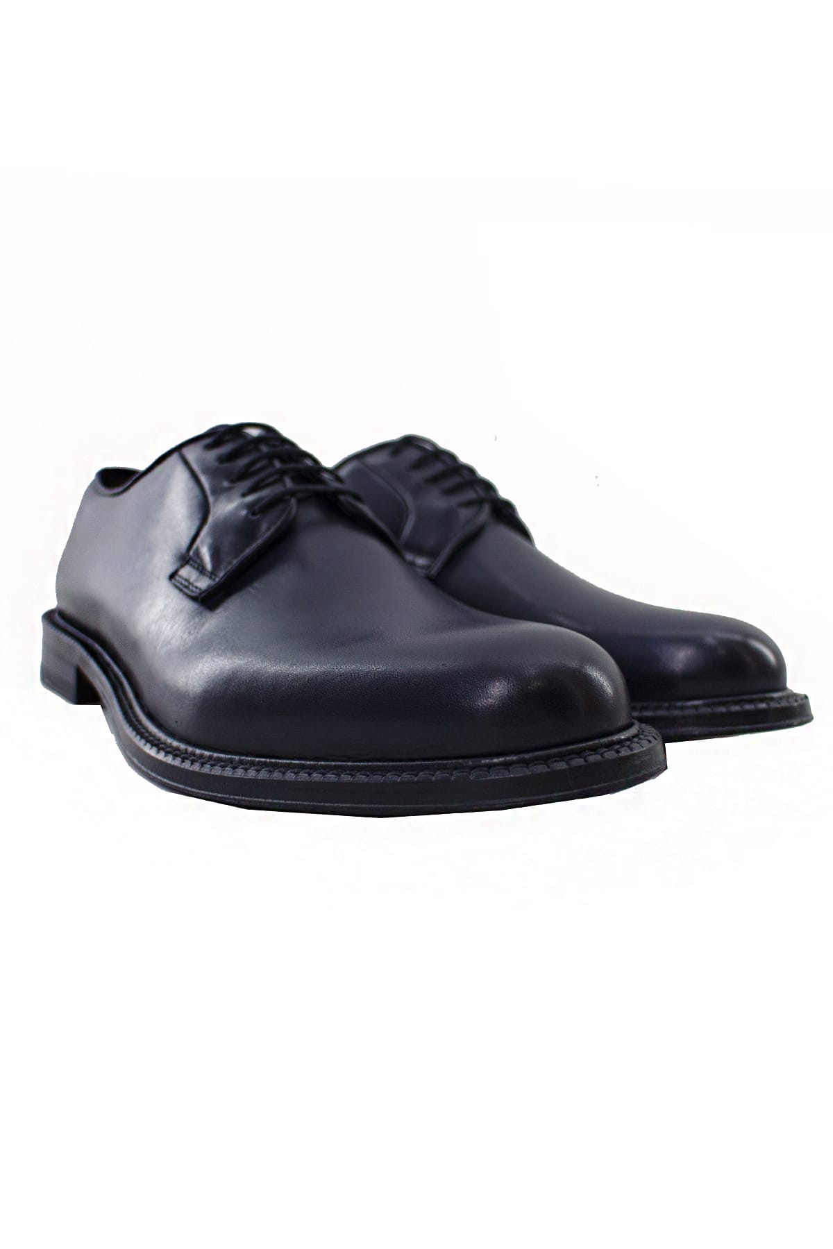 Scarpe derby da uomo blu in vera pelle semi lucida con suola in cuoio made in italy