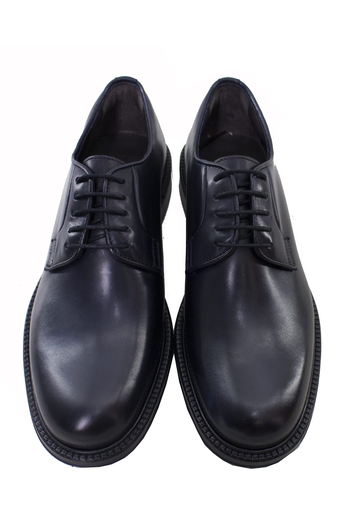 Scarpe derby da uomo blu in vera pelle semi lucida con suola in cuoio made in italy
