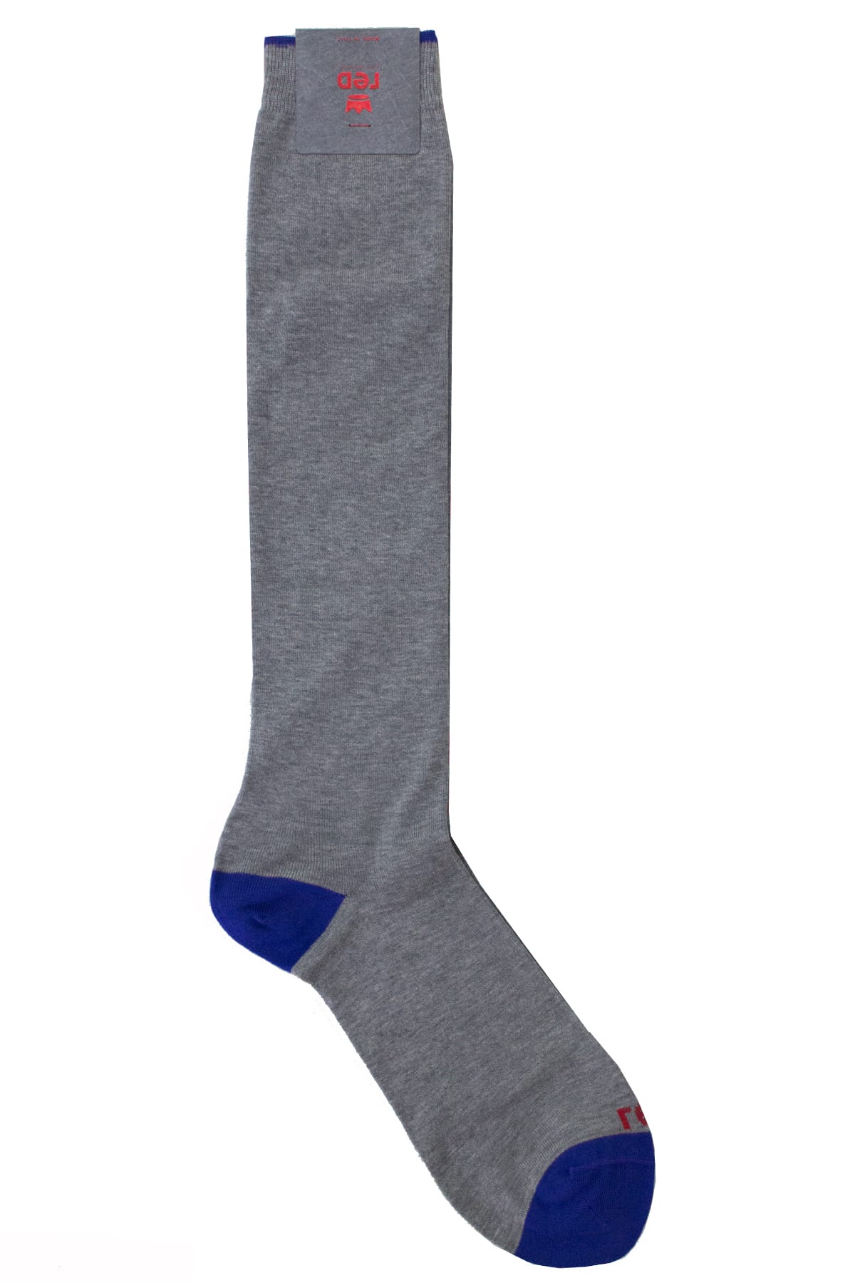 Calzini uomo grigio chiaro tinta unita con bordino blu invernali lunghezza ginocchio