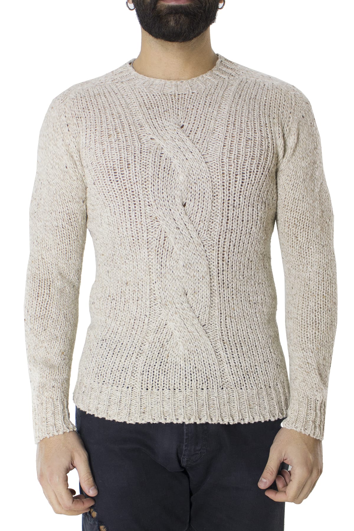 Maglione uomo Girocollo beige con treccia in lana 100% slim fit