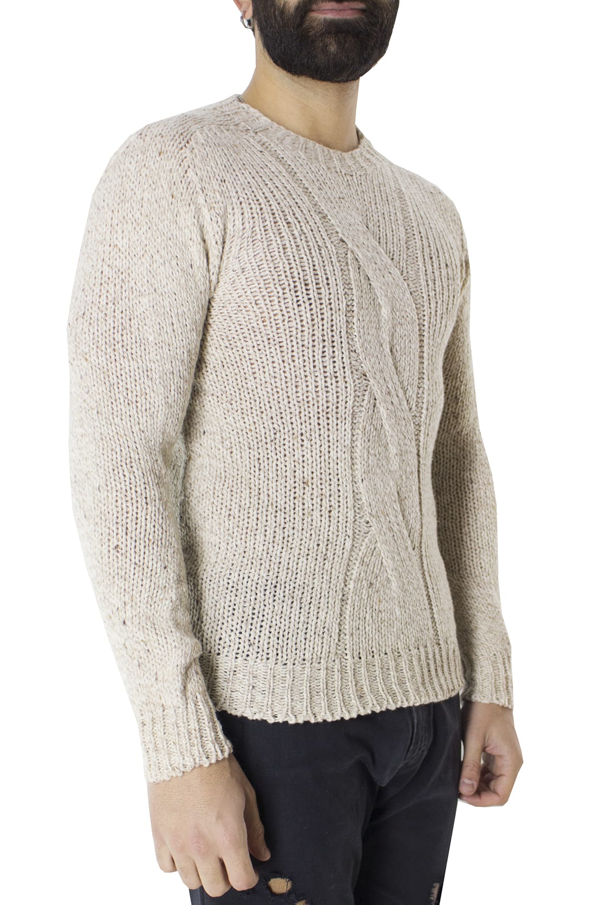 Maglione uomo Girocollo beige con treccia in lana 100% slim fit