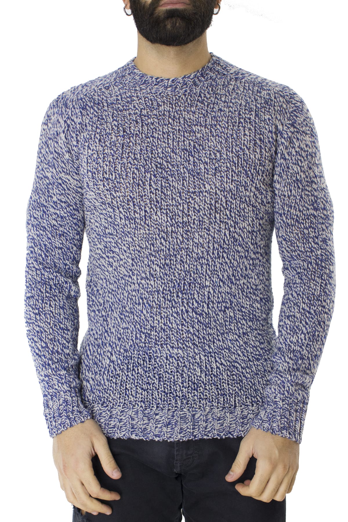 Maglione uomo Girocollo blu in lana 100% intrecciata slim fit