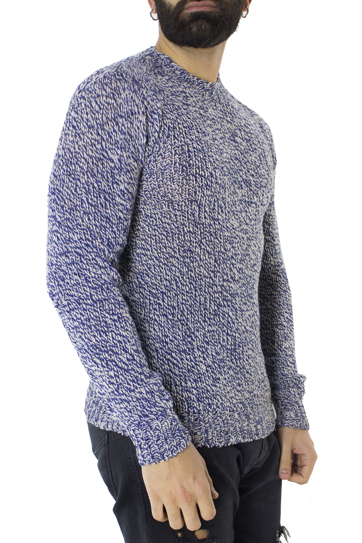 Maglione uomo Girocollo blu in lana 100% intrecciata slim fit