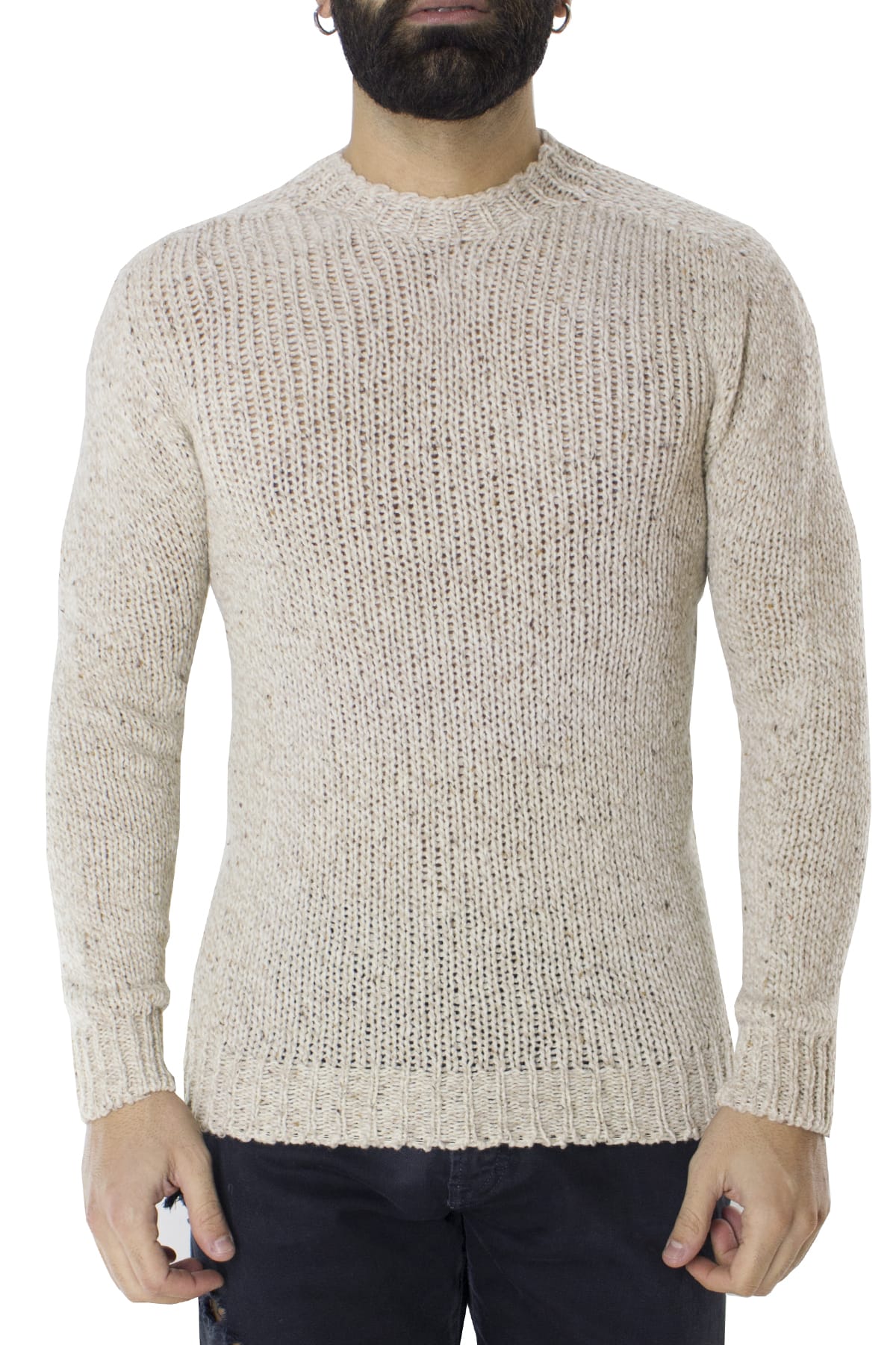 Maglione uomo Girocollo beige in lana 100% intrecciata slim fit