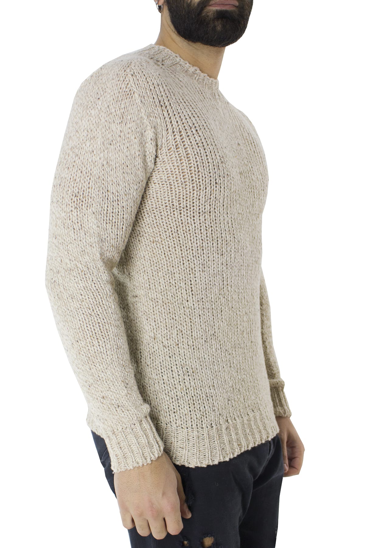 Maglione uomo Girocollo beige in lana 100% intrecciata slim fit