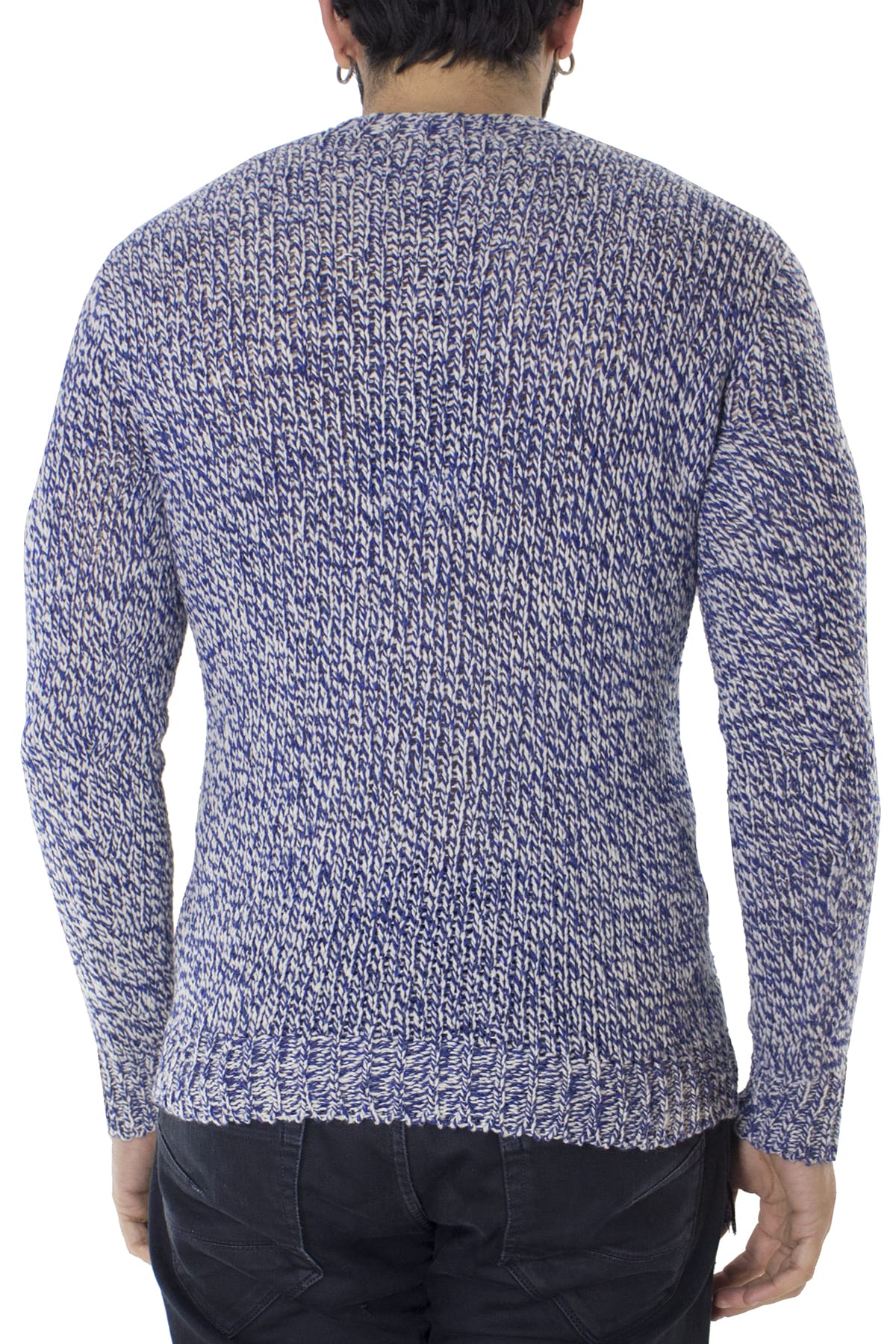 Maglione uomo Girocollo blu con treccia in lana 100% slim fit