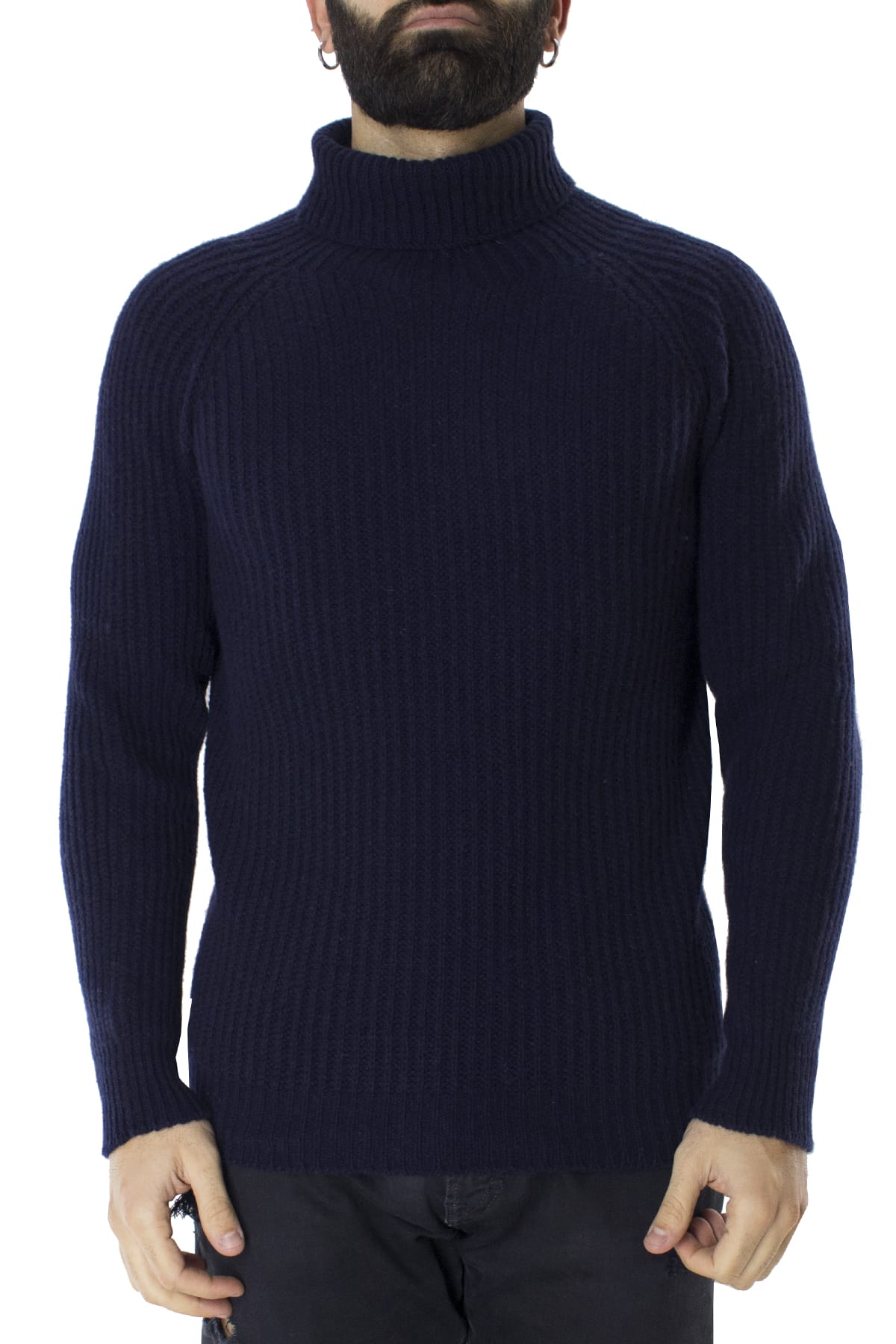 Maglione uomo collo alto Blu in lana merinos a costa inglese slim fit made in italy