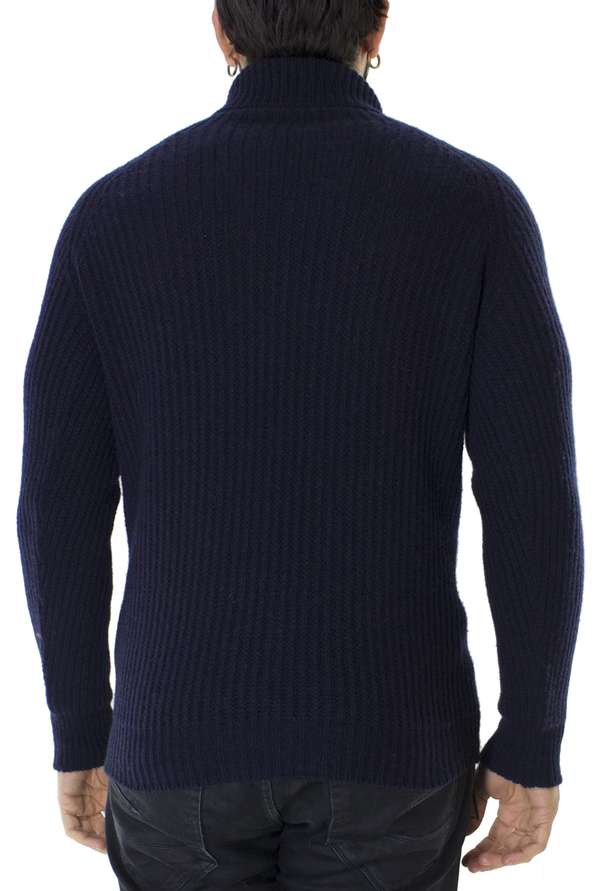 Maglione uomo collo alto Blu in lana merinos a costa inglese slim fit made in italy