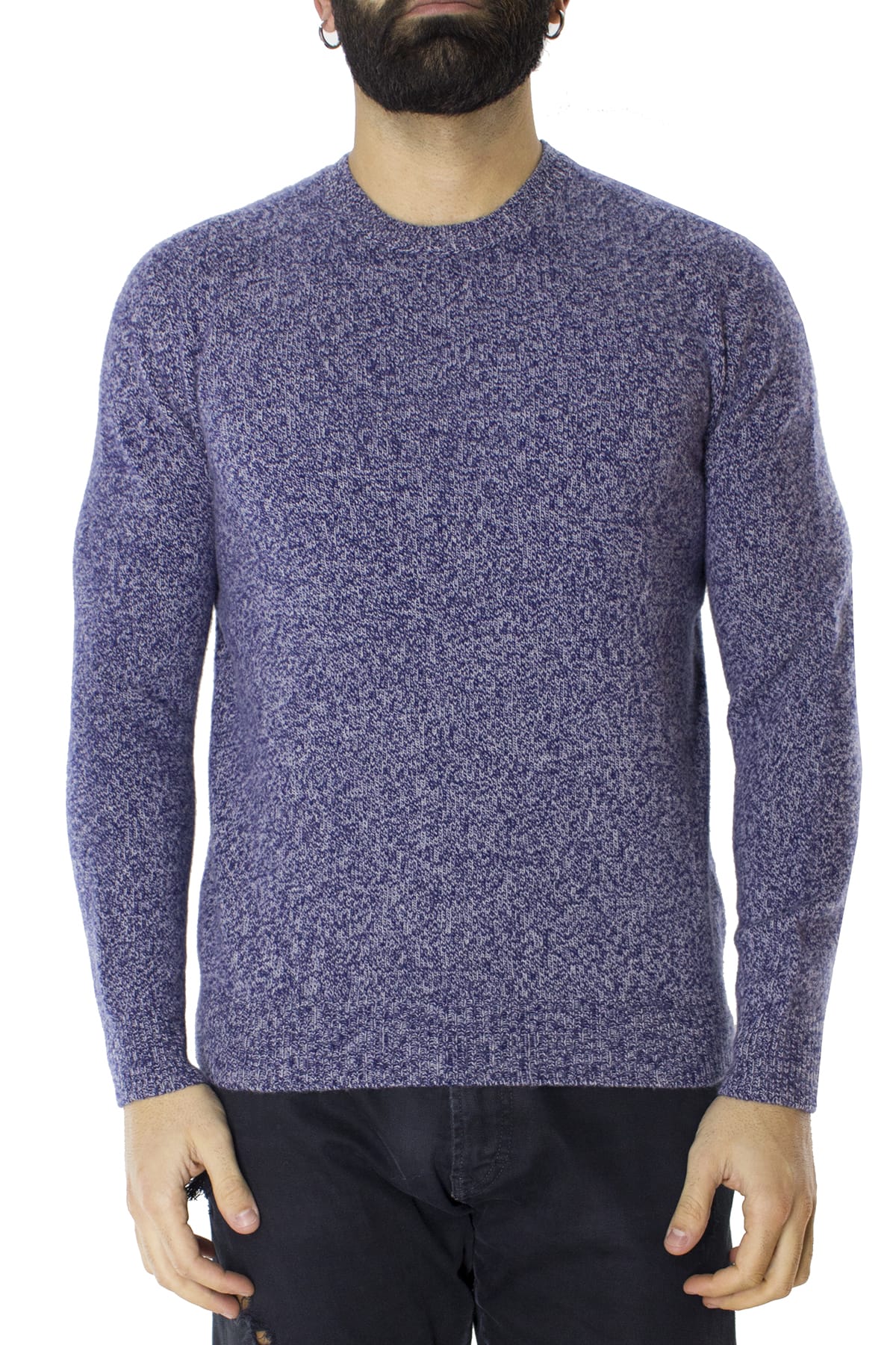 Maglione uomo Girocollo blu effetto melange bianco in lana 100% slim fit