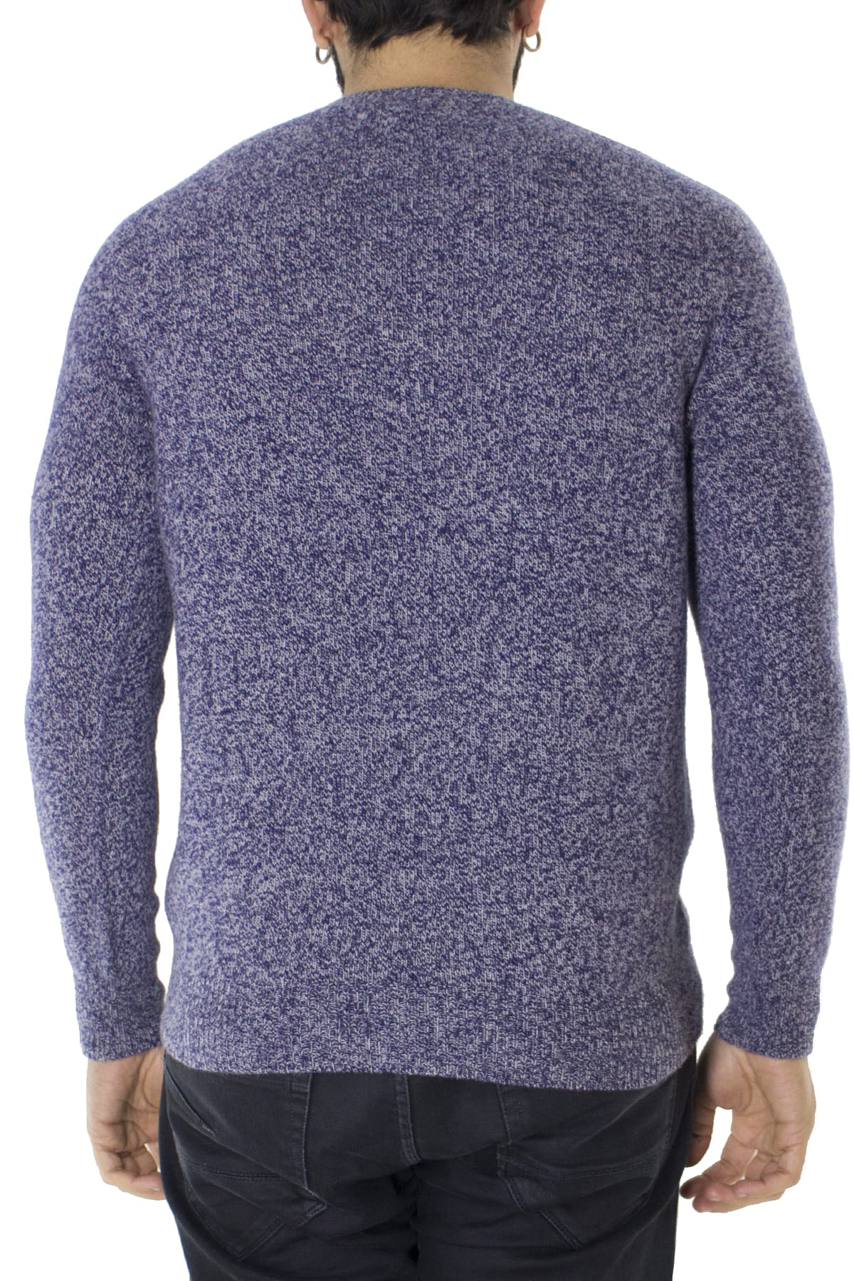 Maglione uomo Girocollo blu effetto melange bianco in lana 100% slim fit
