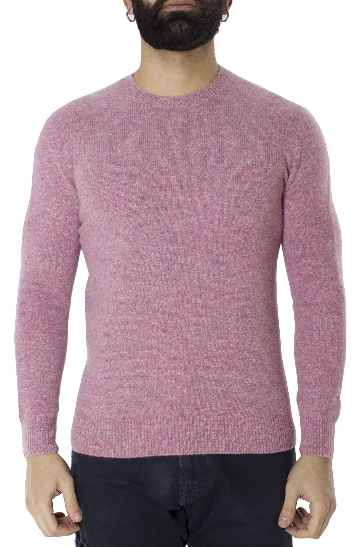 Maglione uomo Girocollo rosa effetto melange fuxia in lana 100% slim fit