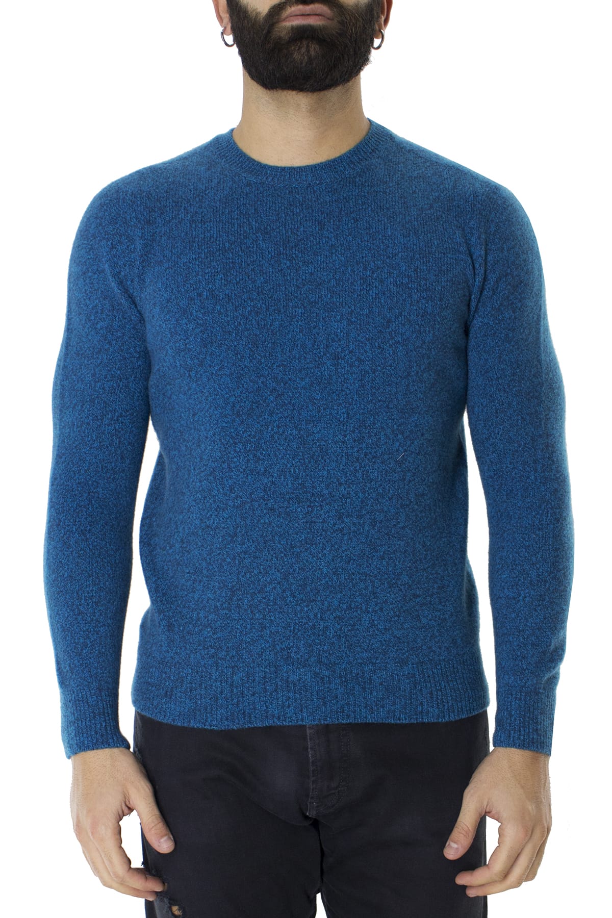 Maglione uomo Girocollo turchese effetto melange blu in lana 100% slim fit