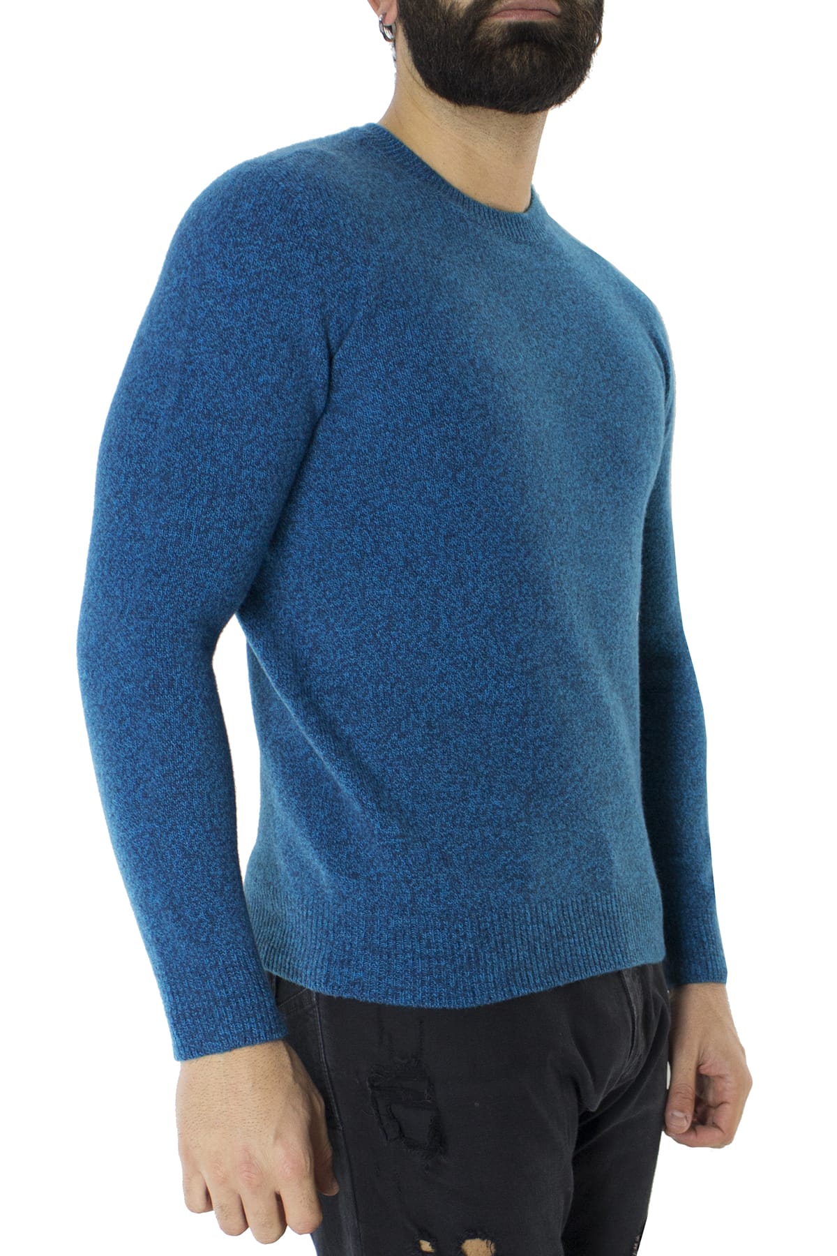 Maglione uomo Girocollo turchese effetto melange blu in lana 100% slim fit