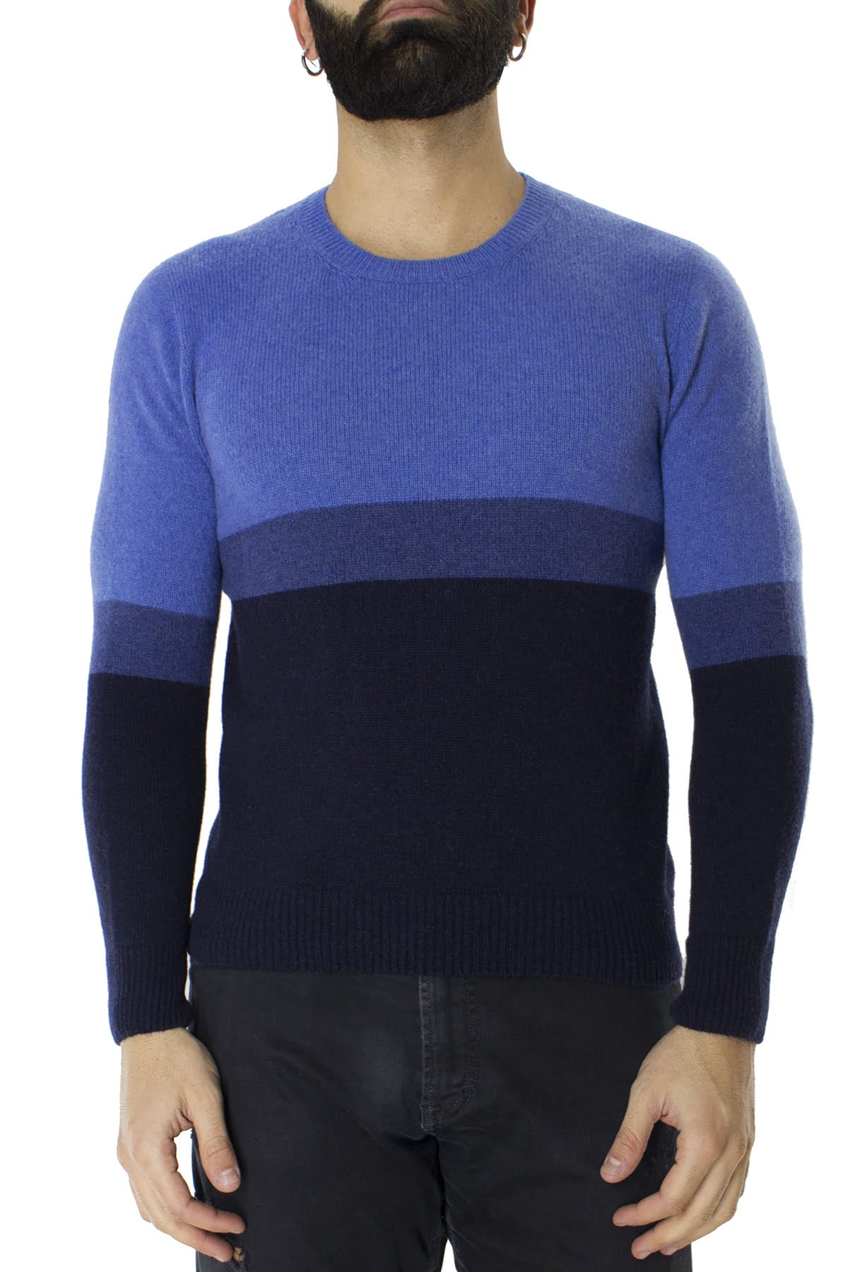 Maglione uomo Girocollo bluette in lana merinos a fasce multicolor slim fit made in italy