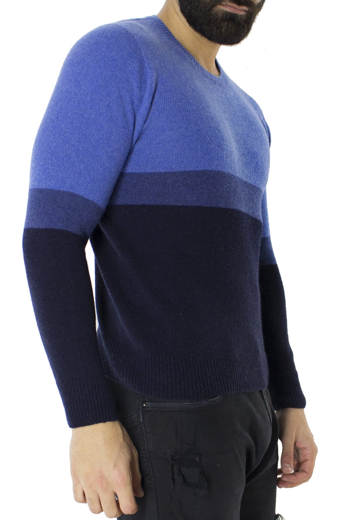 Maglione uomo Girocollo bluette in lana merinos a fasce multicolor slim fit made in italy